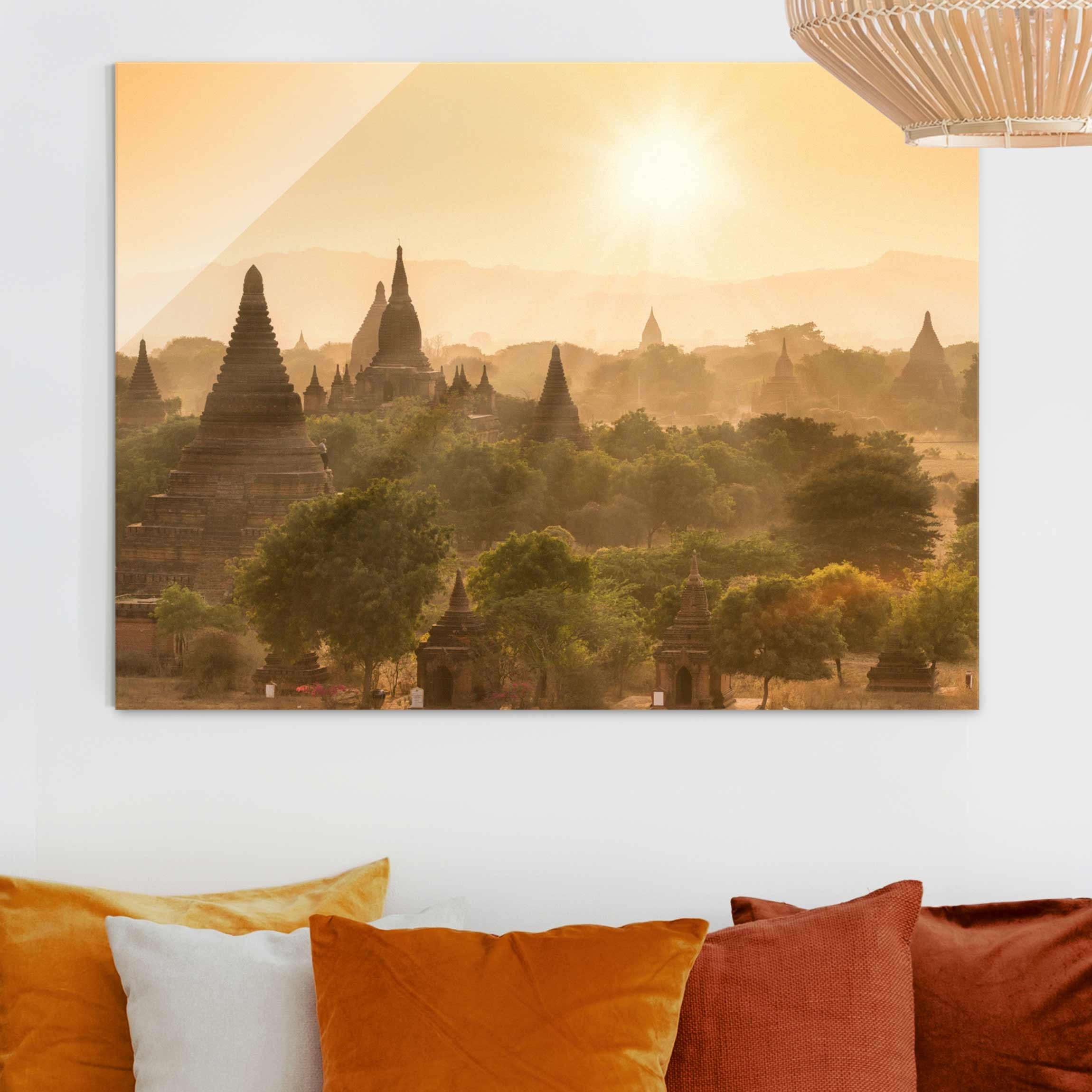 Glasbild Sonnenuntergang über Bagan