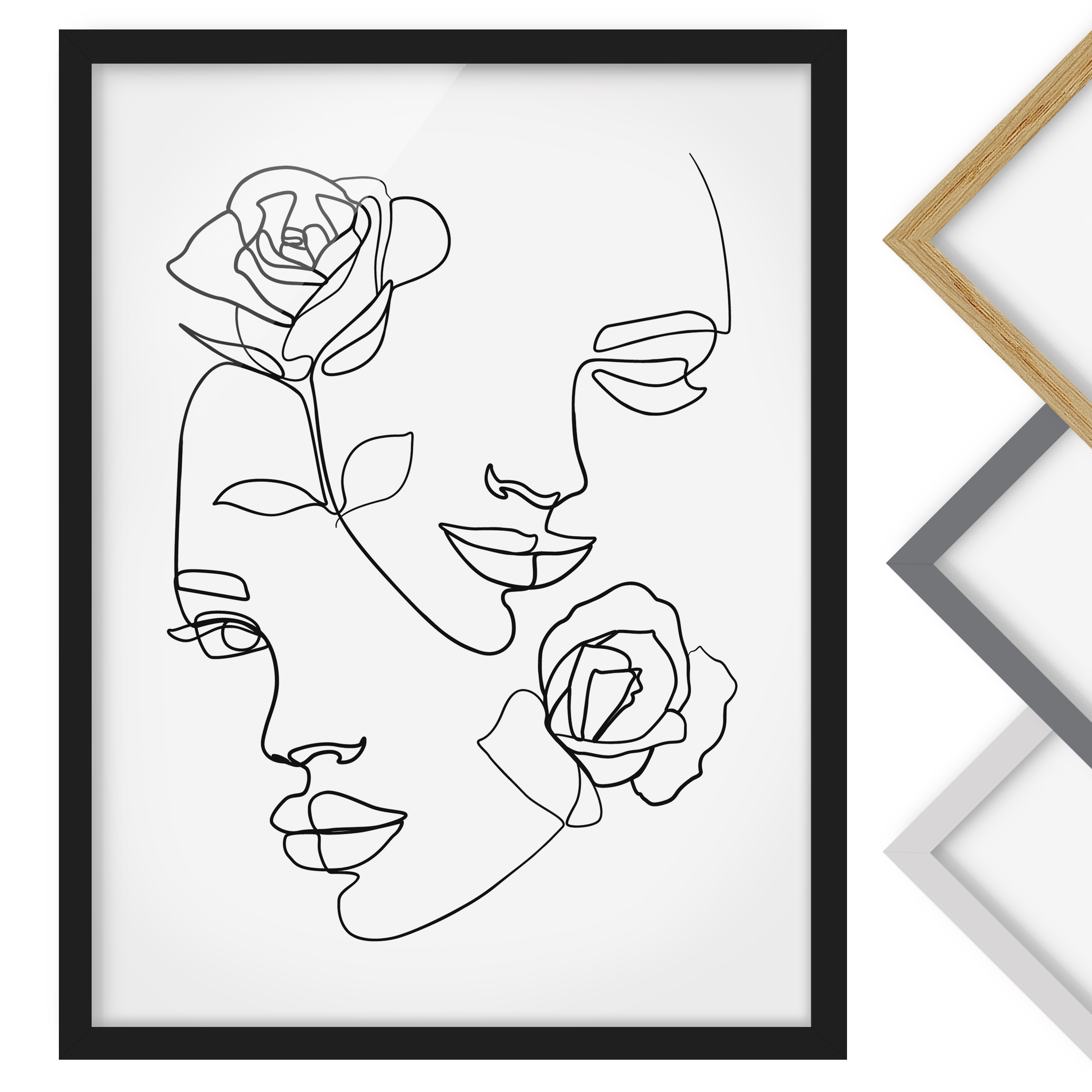 Bild mit Rahmen - Hochformat Line Art Gesichter Frauen Rosen Schwarz Weiß