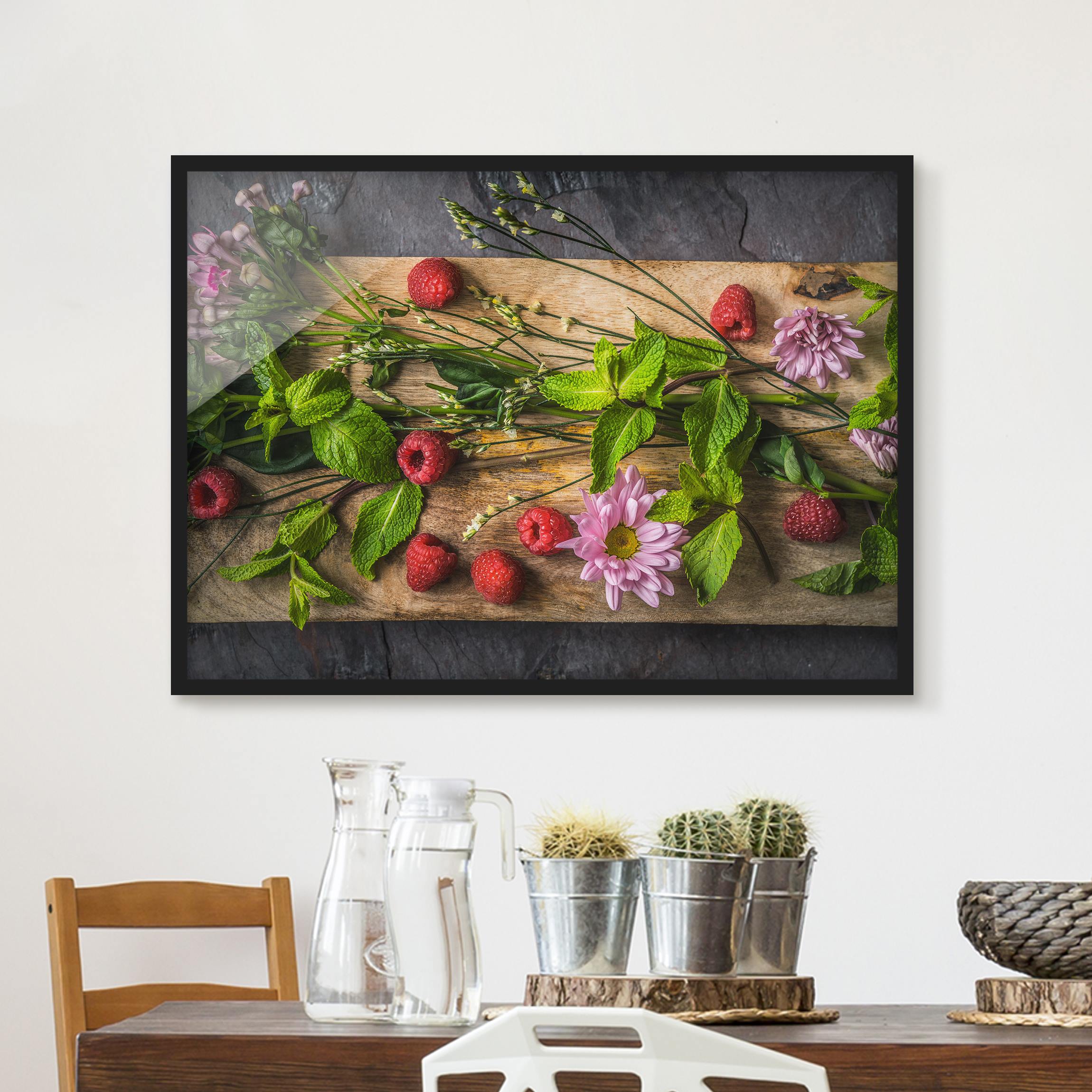 Blumen Bild mit Rahmen Blumen Himbeeren Minze