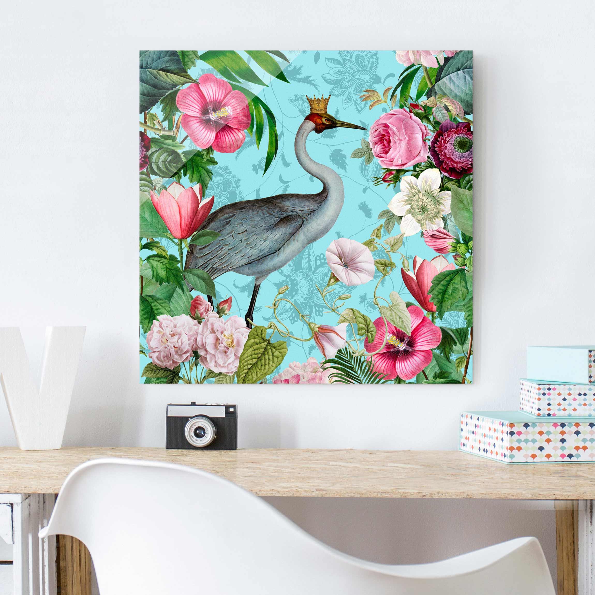 Glasbild Vintage Collage - Kranich mit Krone