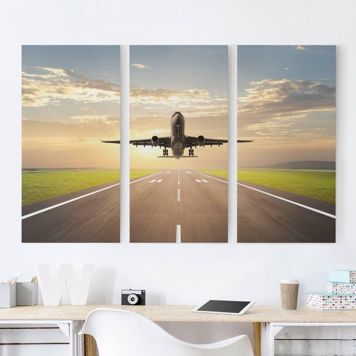 3-teiliges Leinwandbild Startendes Flugzeug