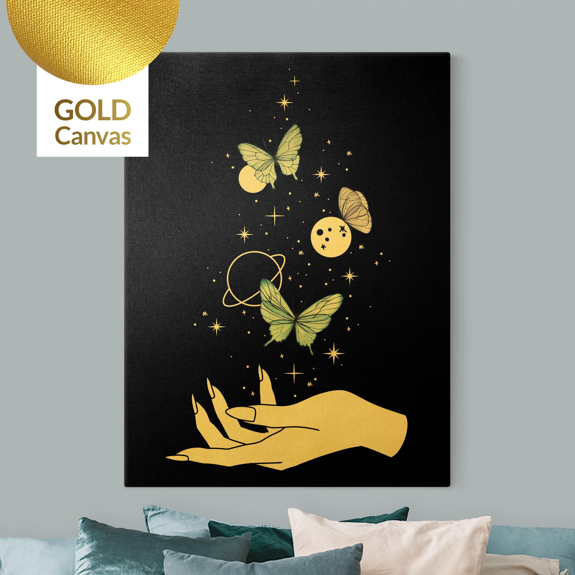 Leinwandbild Gold Zaubernde Hand - Schmetterlinge und Planeten