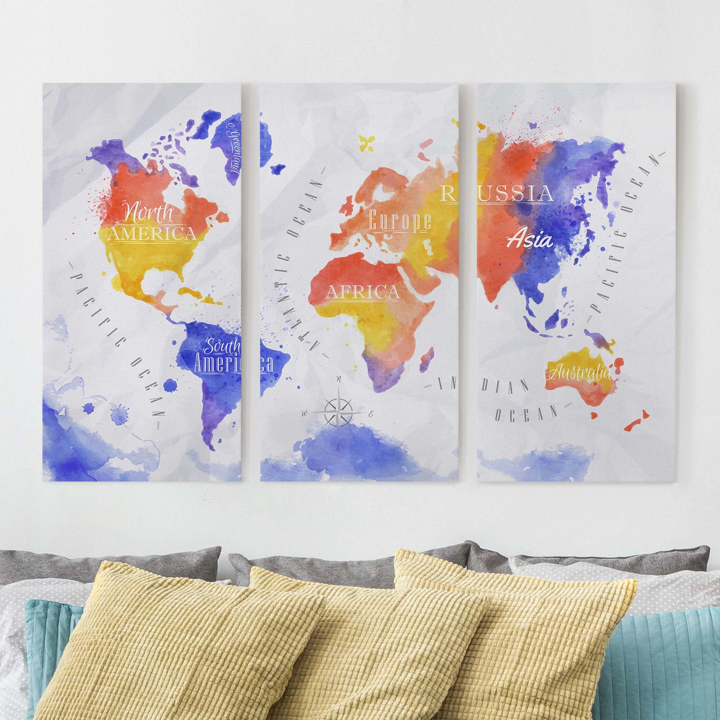 3-teiliges Leinwandbild - Querformat Weltkarte Aquarell violett rot gelb