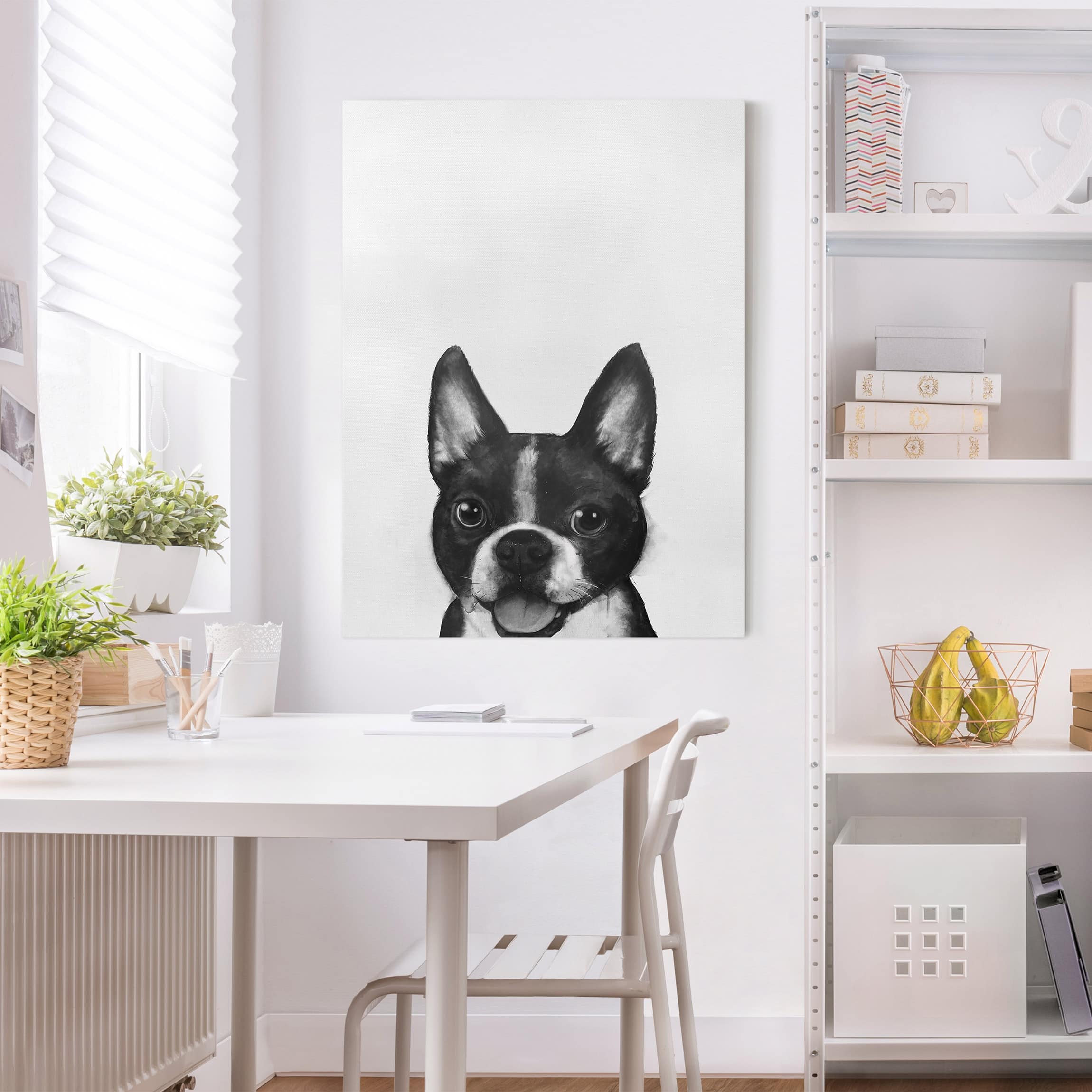 Leinwandbild Illustration Hund Boston Schwarz Weiß Malerei