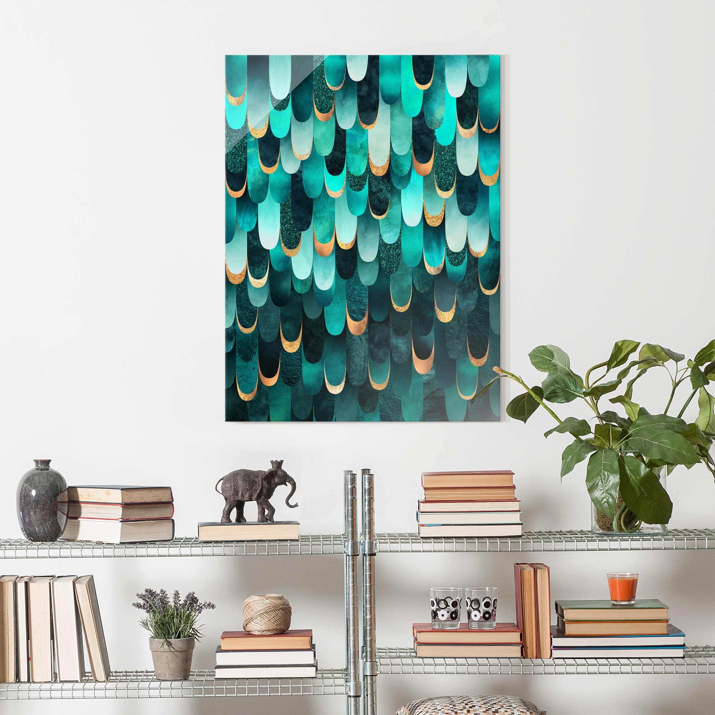Glasbild Federn Gold Türkis