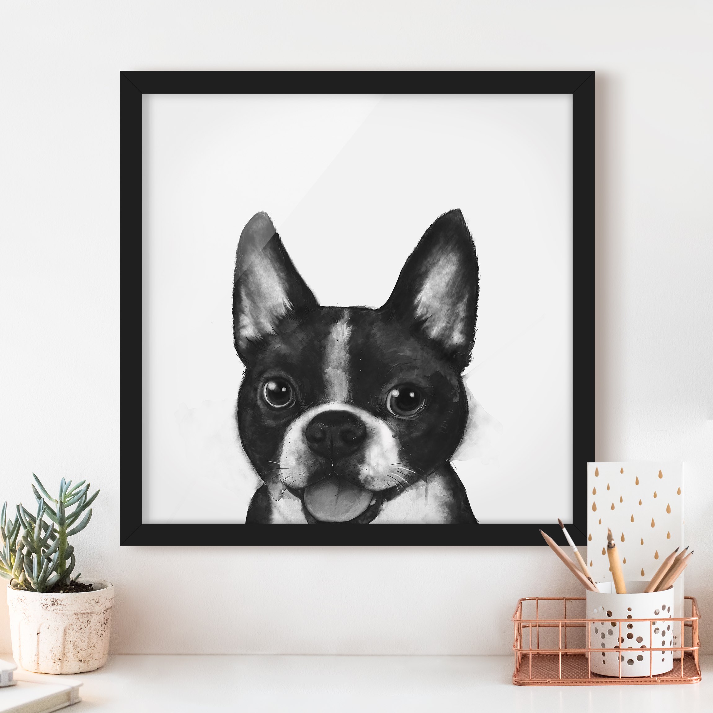 Bild mit Rahmen Illustration Hund Boston Schwarz Weiß Malerei