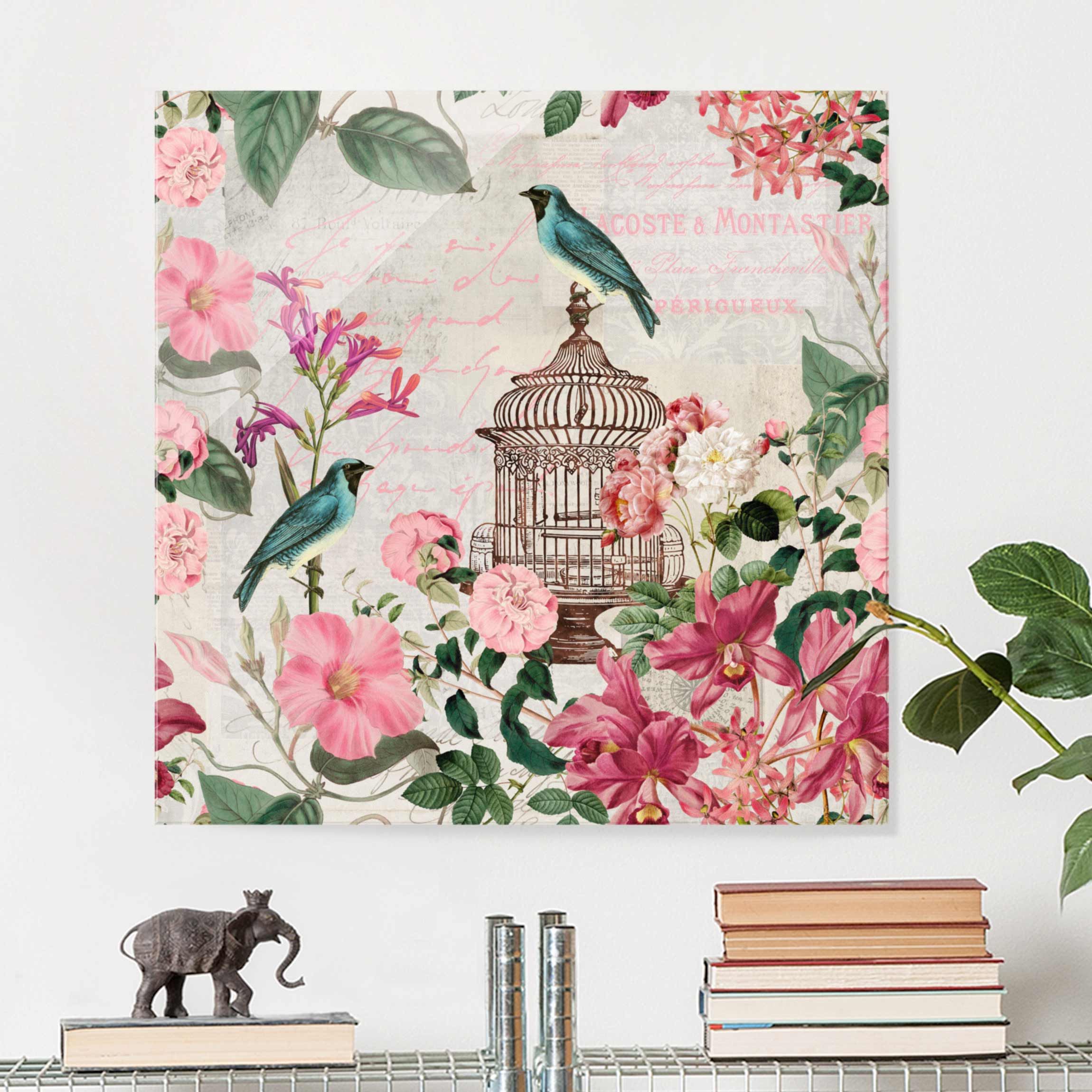 Glasbild Shabby Chic Collage - Rosa Blüten und blaue Vögel