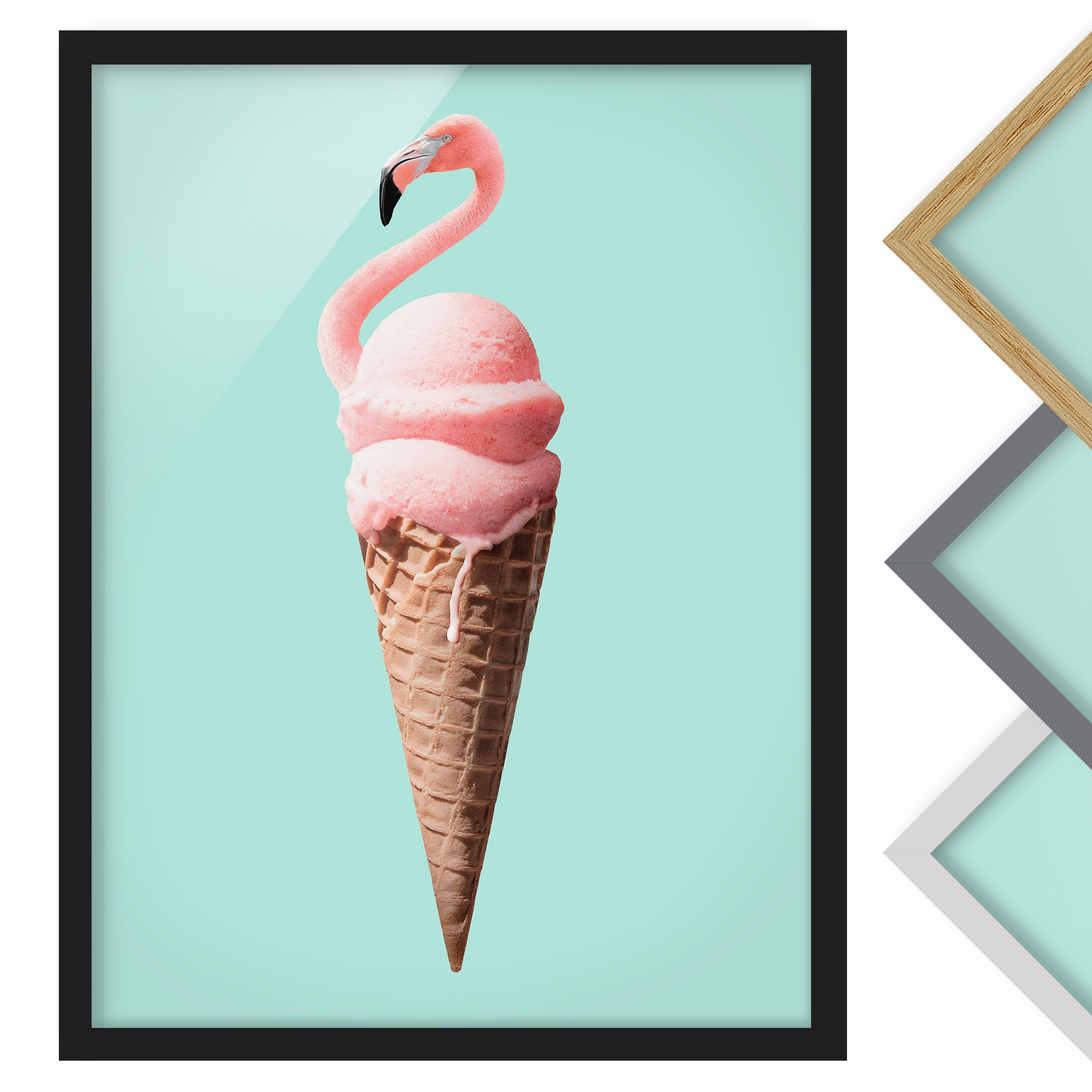 Bild mit Rahmen - Hochformat Eis mit Flamingo