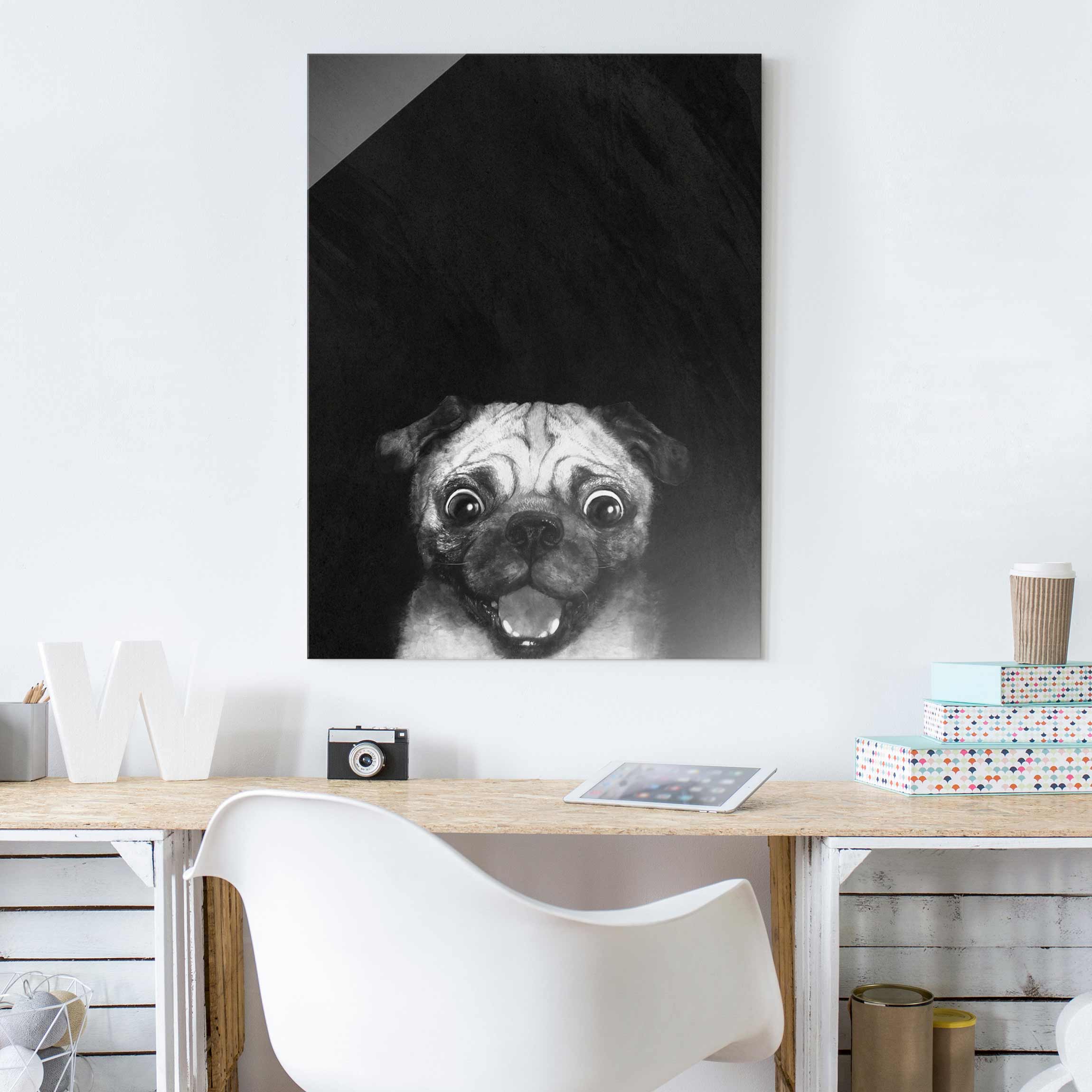 Glasbild Illustration Hund Mops Malerei auf Schwarz Weiß