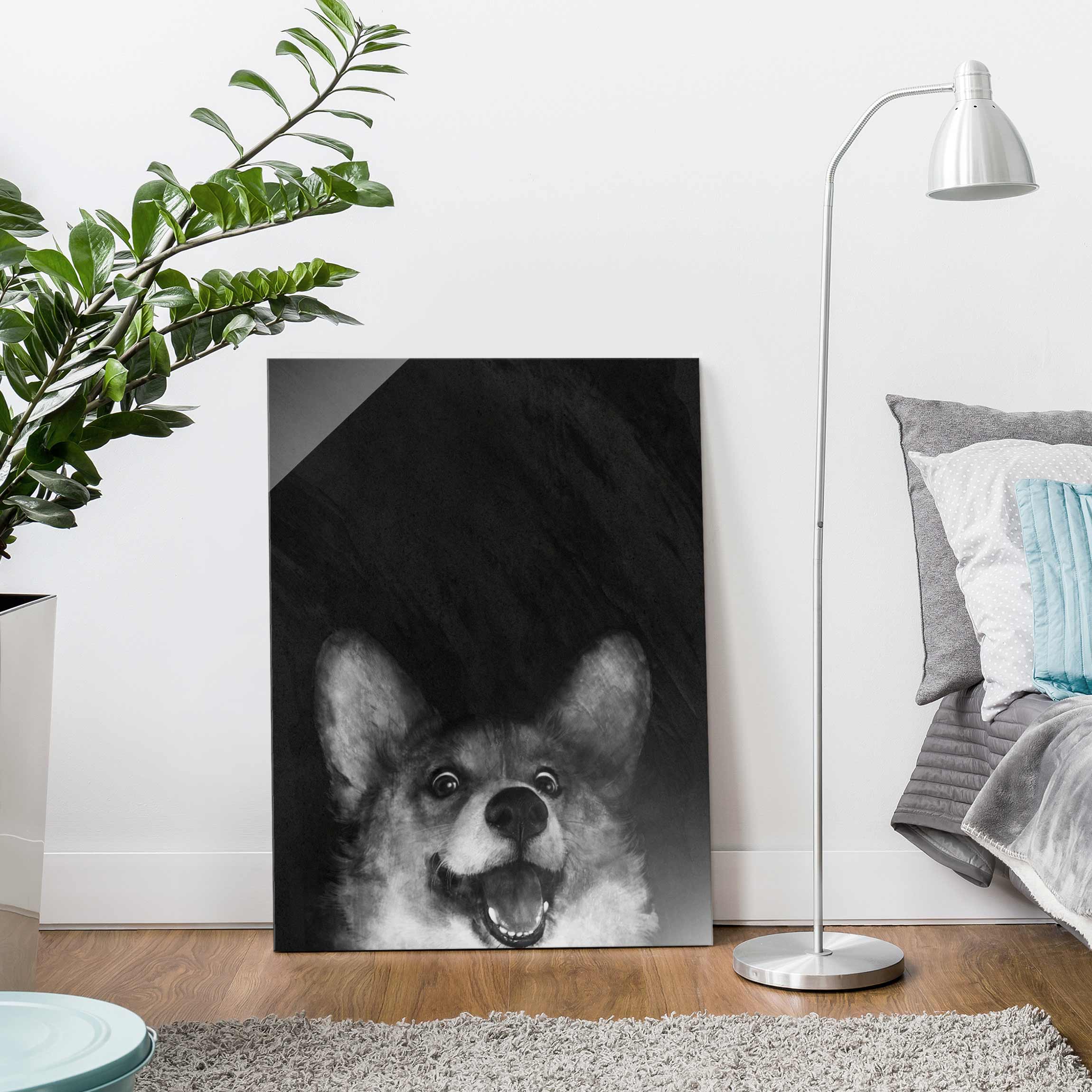 Glasbild - Hochformat Illustration Hund Corgi Malerei Schwarz Weiß
