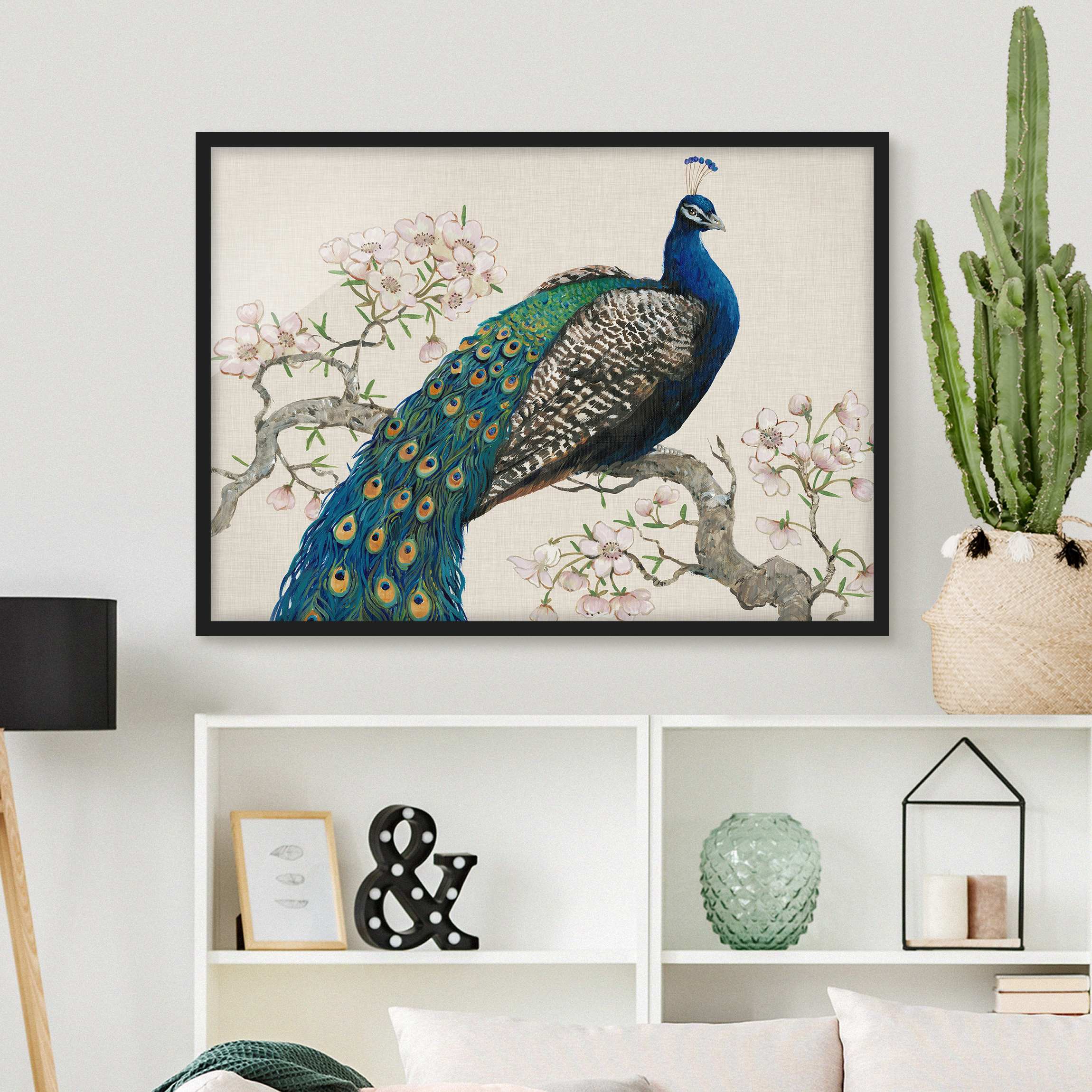 Bild mit Rahmen - Querformat Vintage Pfau mit Kirschblüten