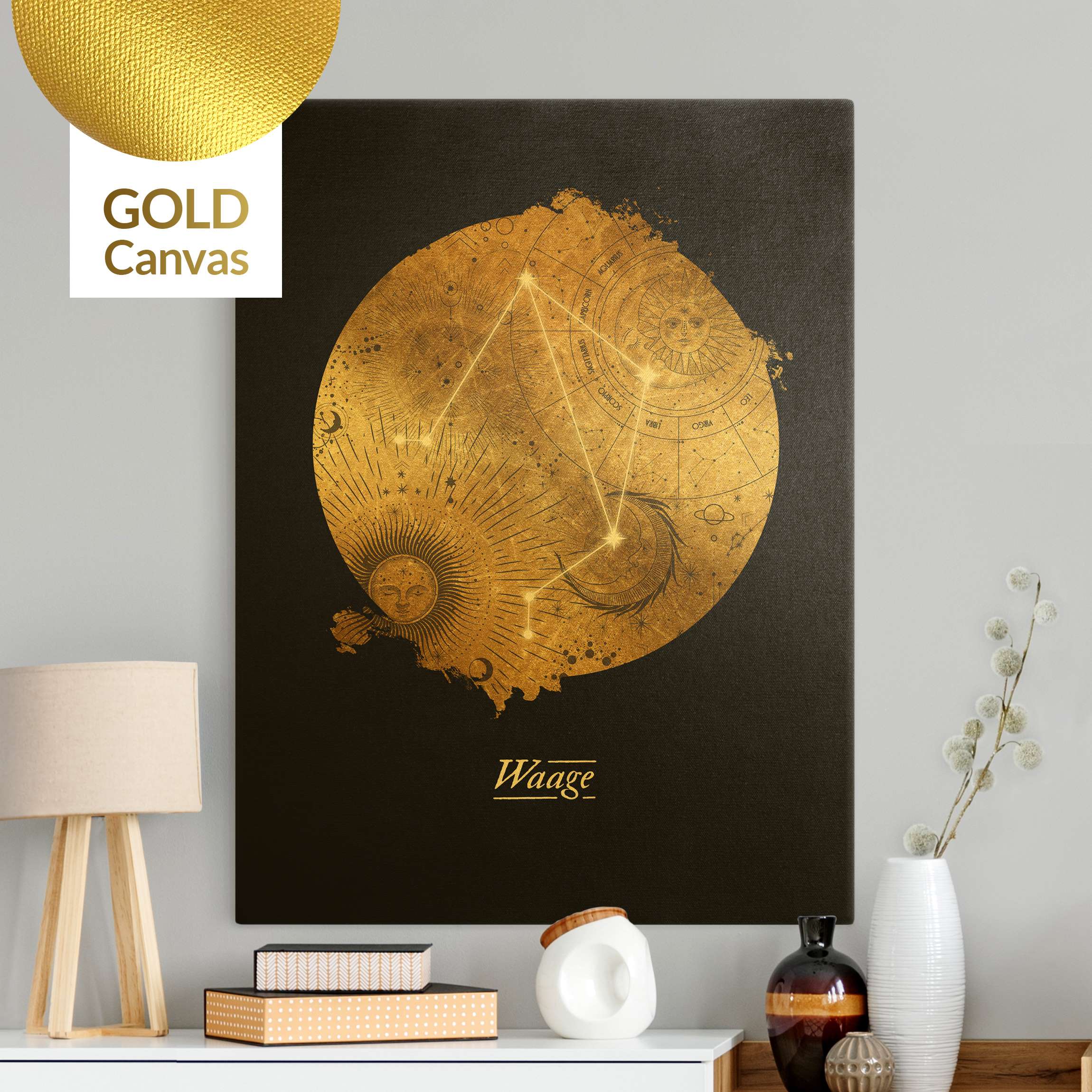Leinwandbild Gold Sternzeichen Waage Grau Gold