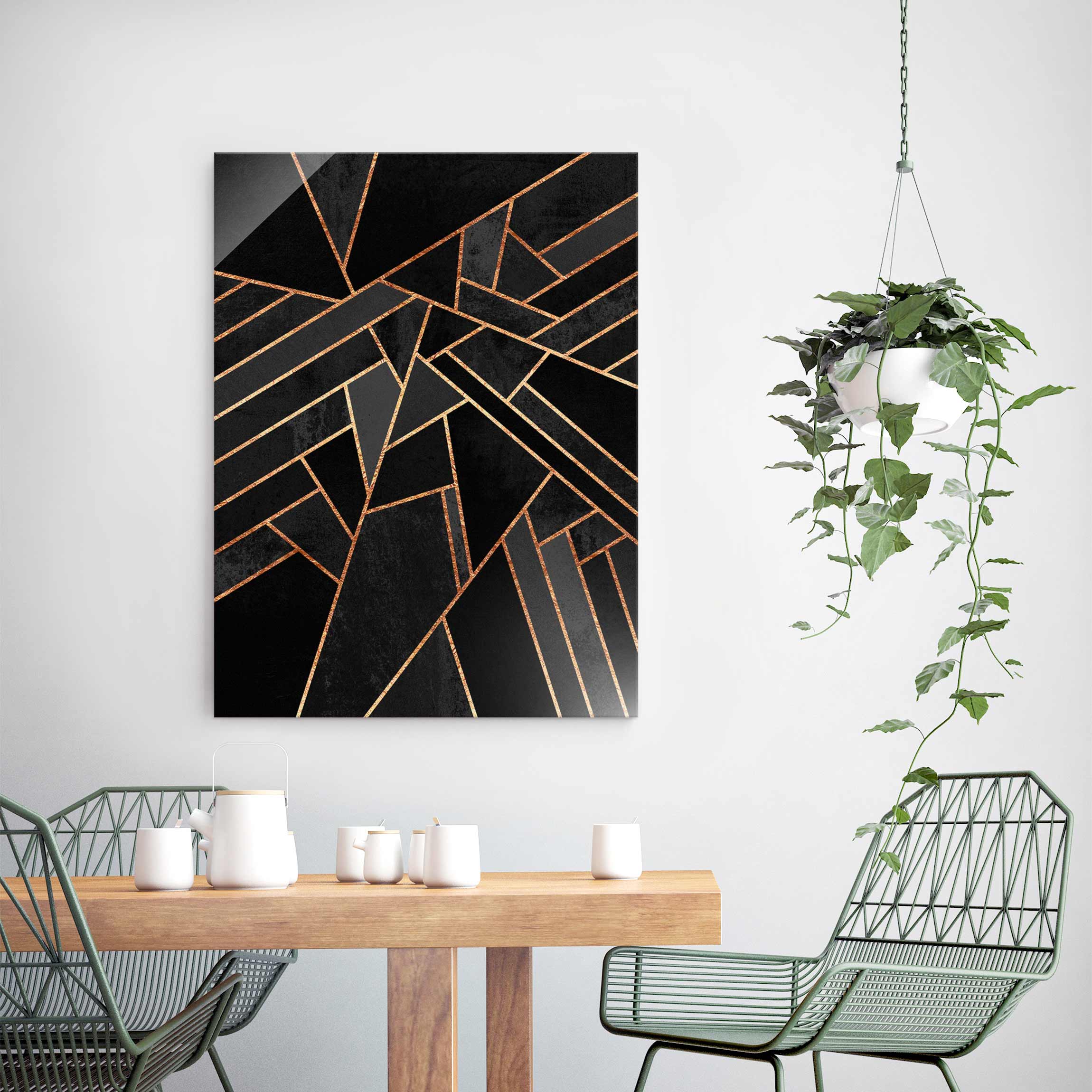 Glasbild - Hochformat Schwarze Dreiecke Gold
