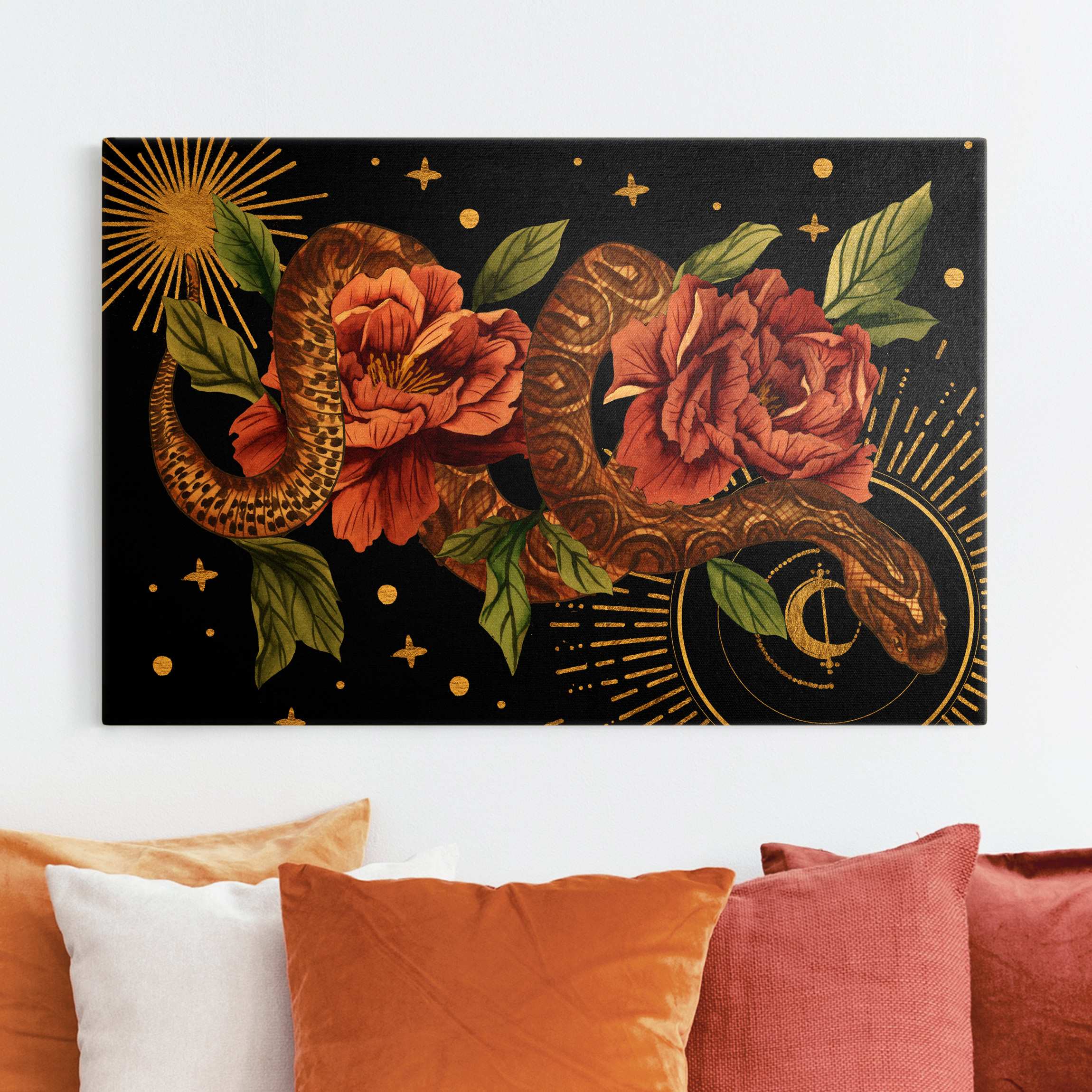 Leinwandbild Gold Schlangen mit Rosen vor Schwarz und Gold II