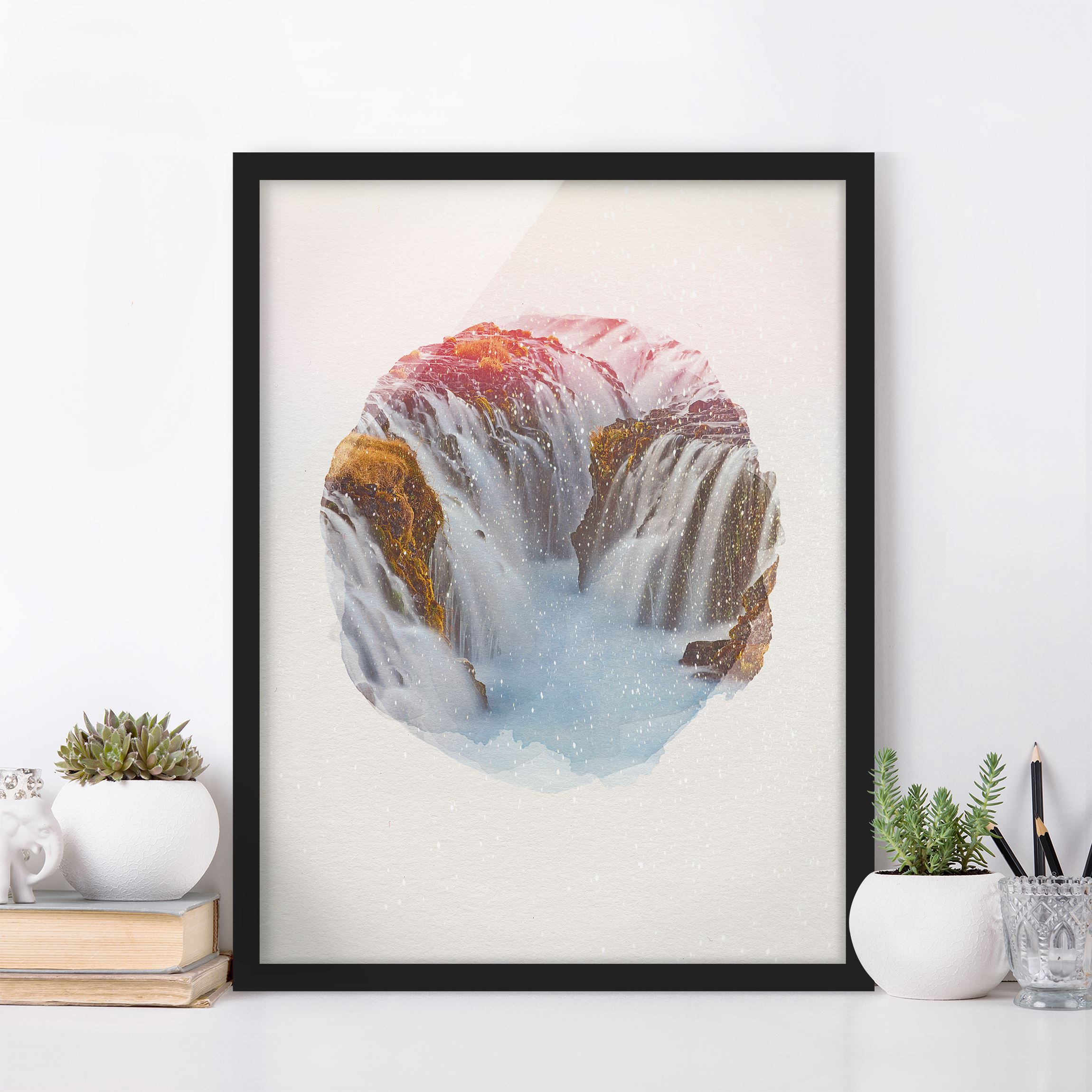 Gerahmtes Bild Wasserfarben - Brúarfoss Wasserfall in Island