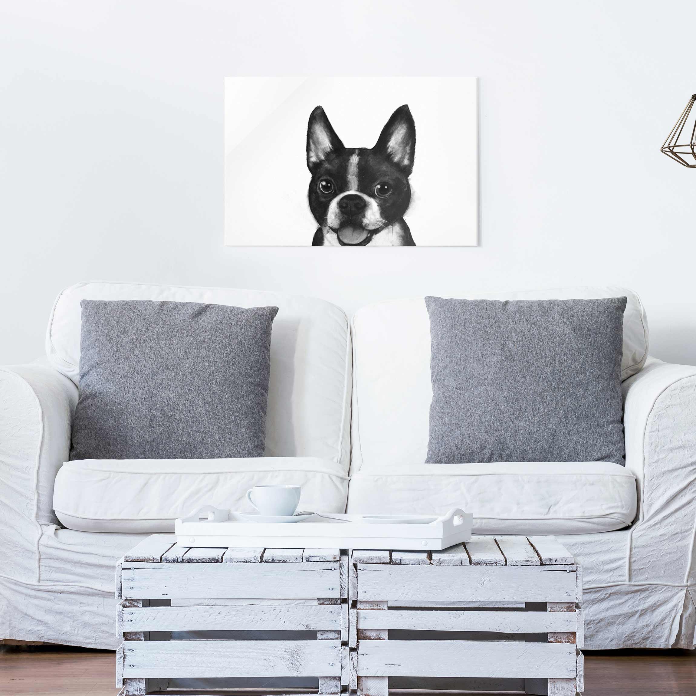 Glasbild - Querformat Illustration Hund Boston Schwarz Weiß Malerei