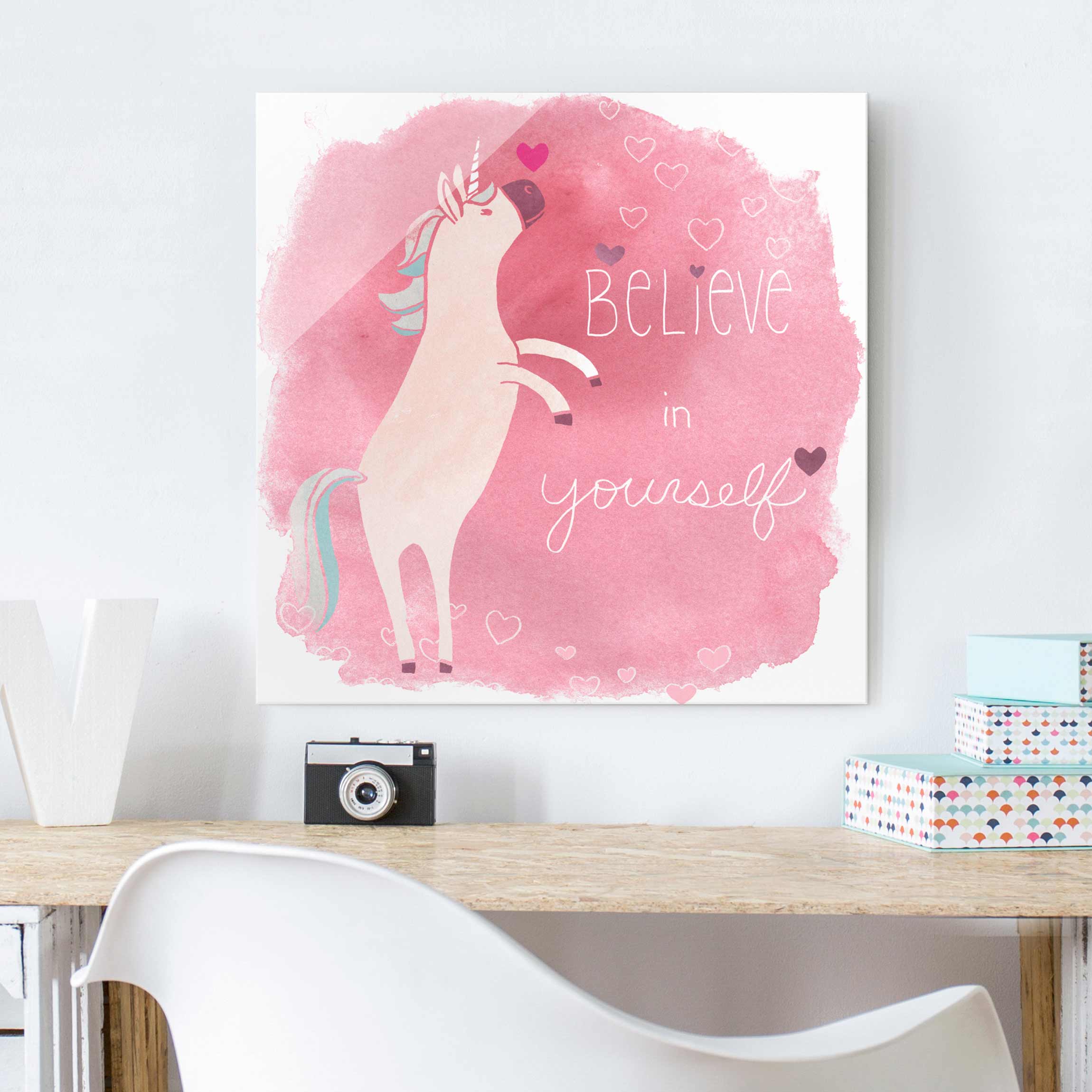 Glasbild - Quadrat Einhorn-Truppe - Believe