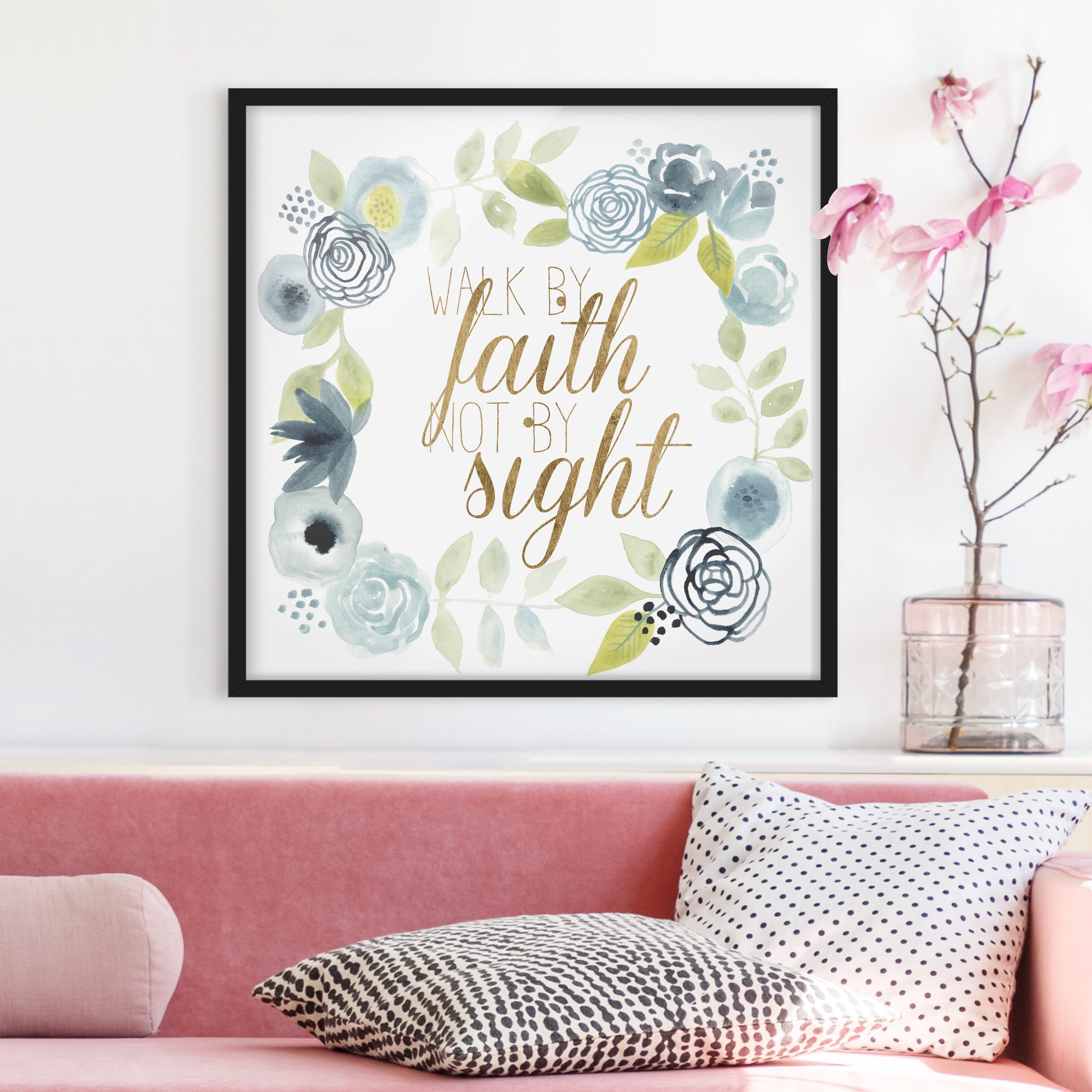 Bild mit Rahmen - Quadrat Blumenkranz mit Spruch - Faith