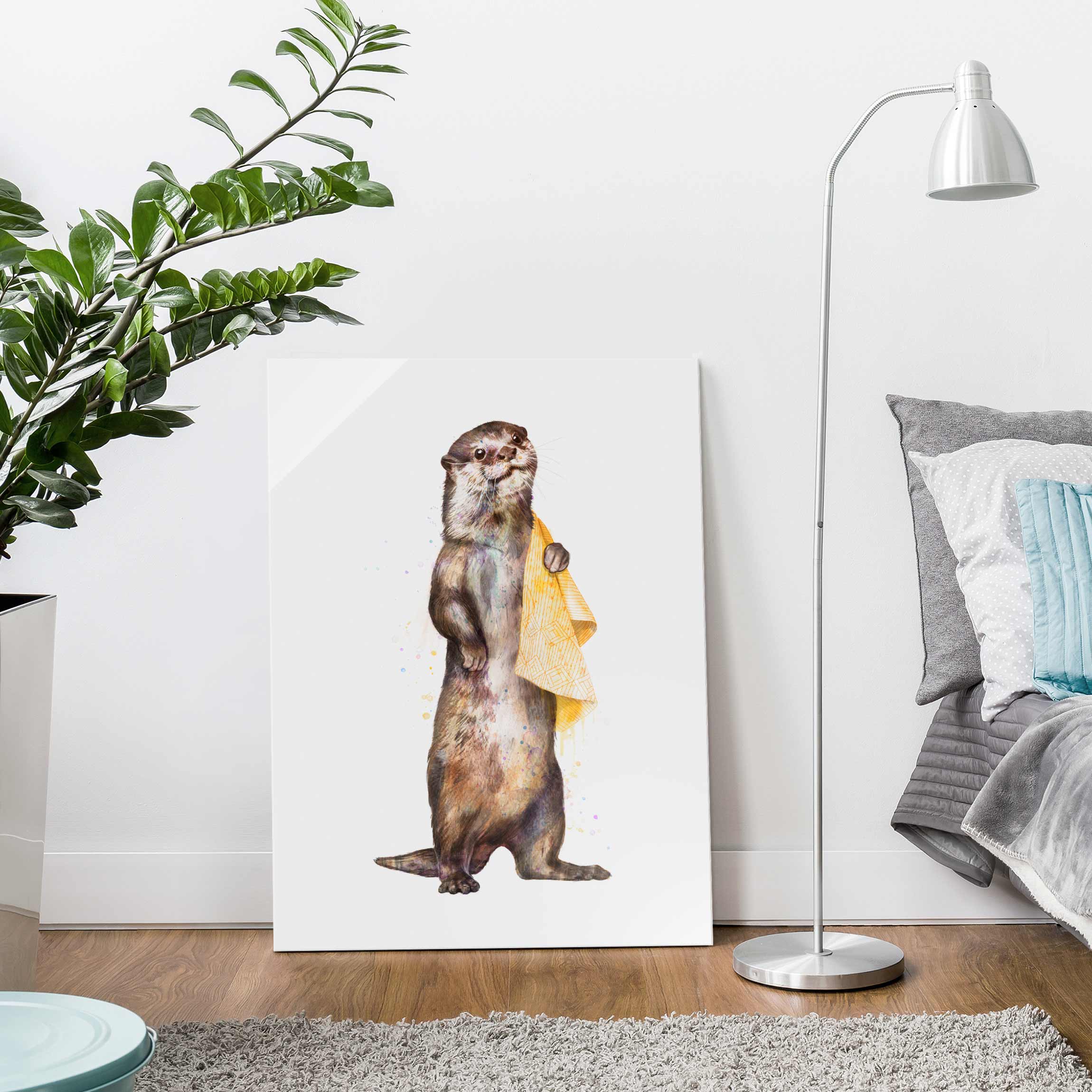 Glasbild Illustration Otter mit Handtuch Malerei Weiß