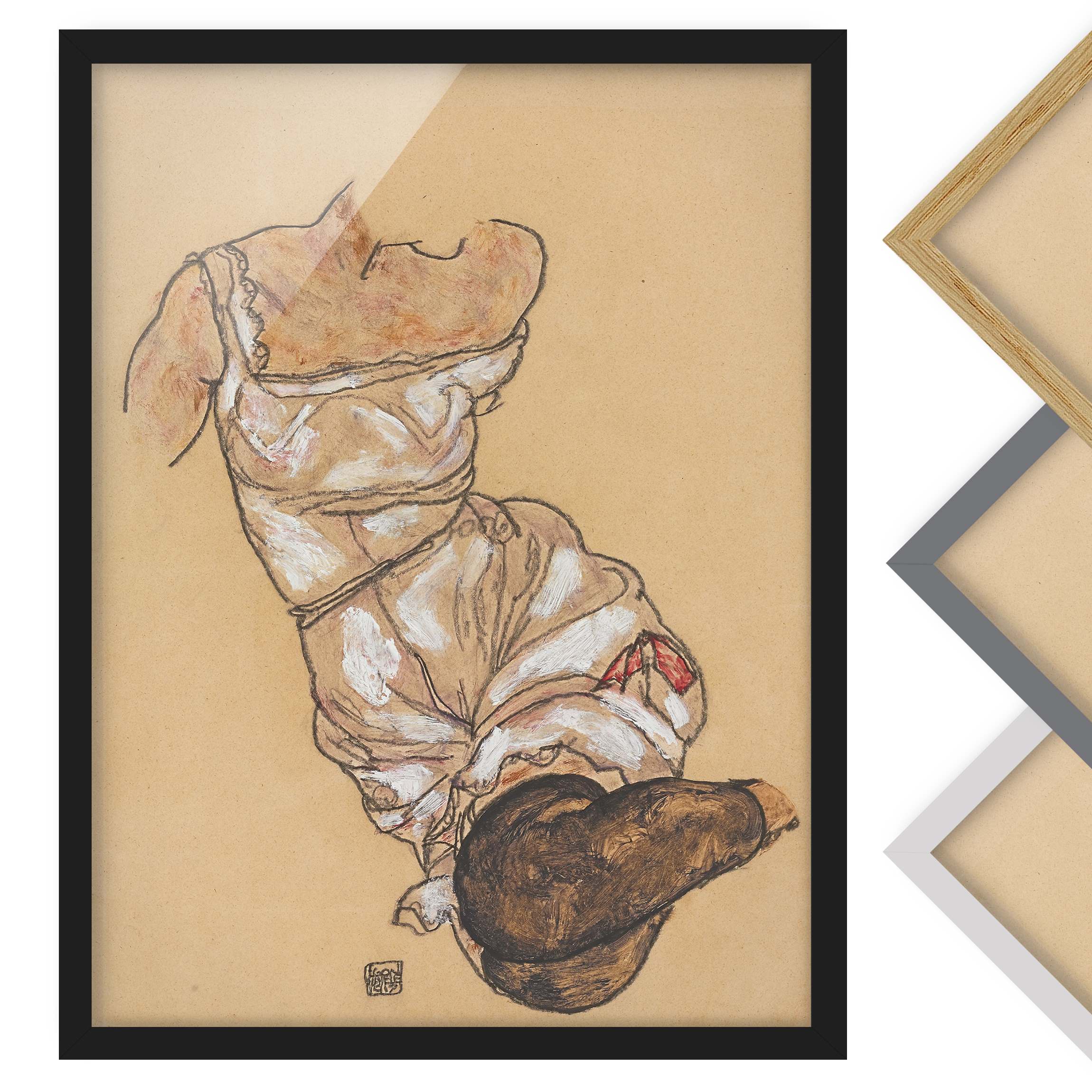 Kunstdruck mit Rahmen Egon Schiele - Weiblicher Torso in Unterwäsche