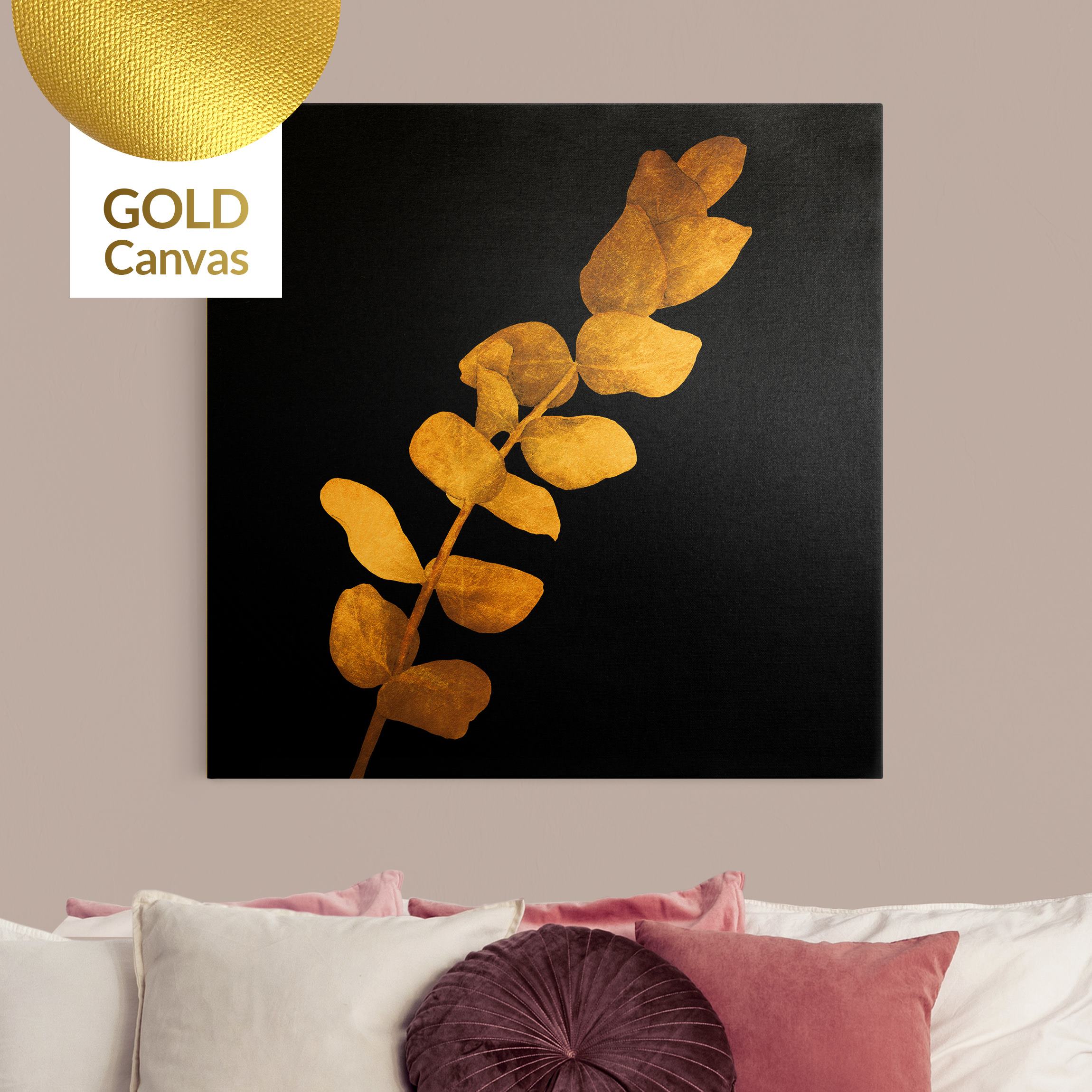 Leinwandbild Gold Gold - Eukalyptus auf Schwarz