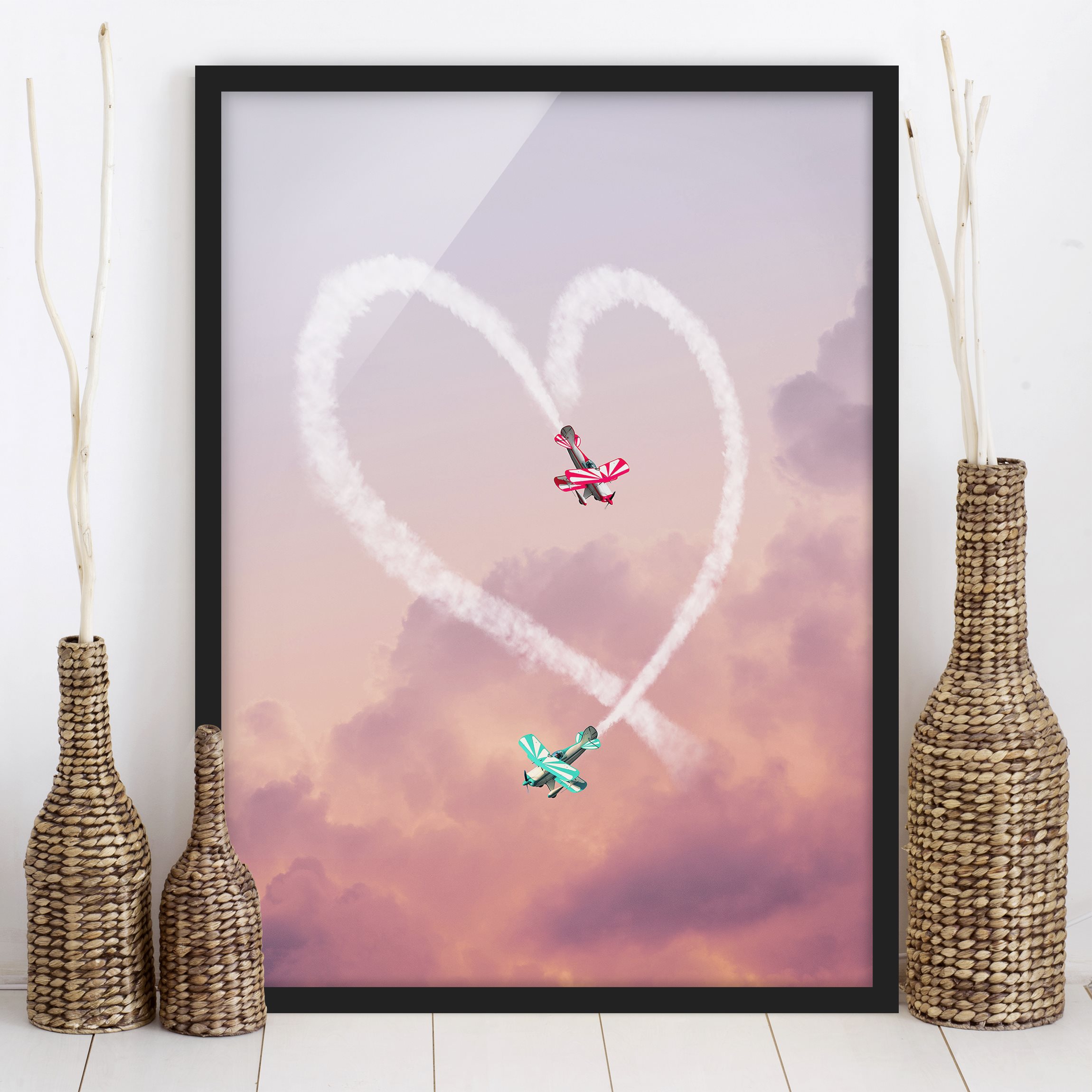 Bild mit Rahmen - Hochformat Herz mit Flugzeugen