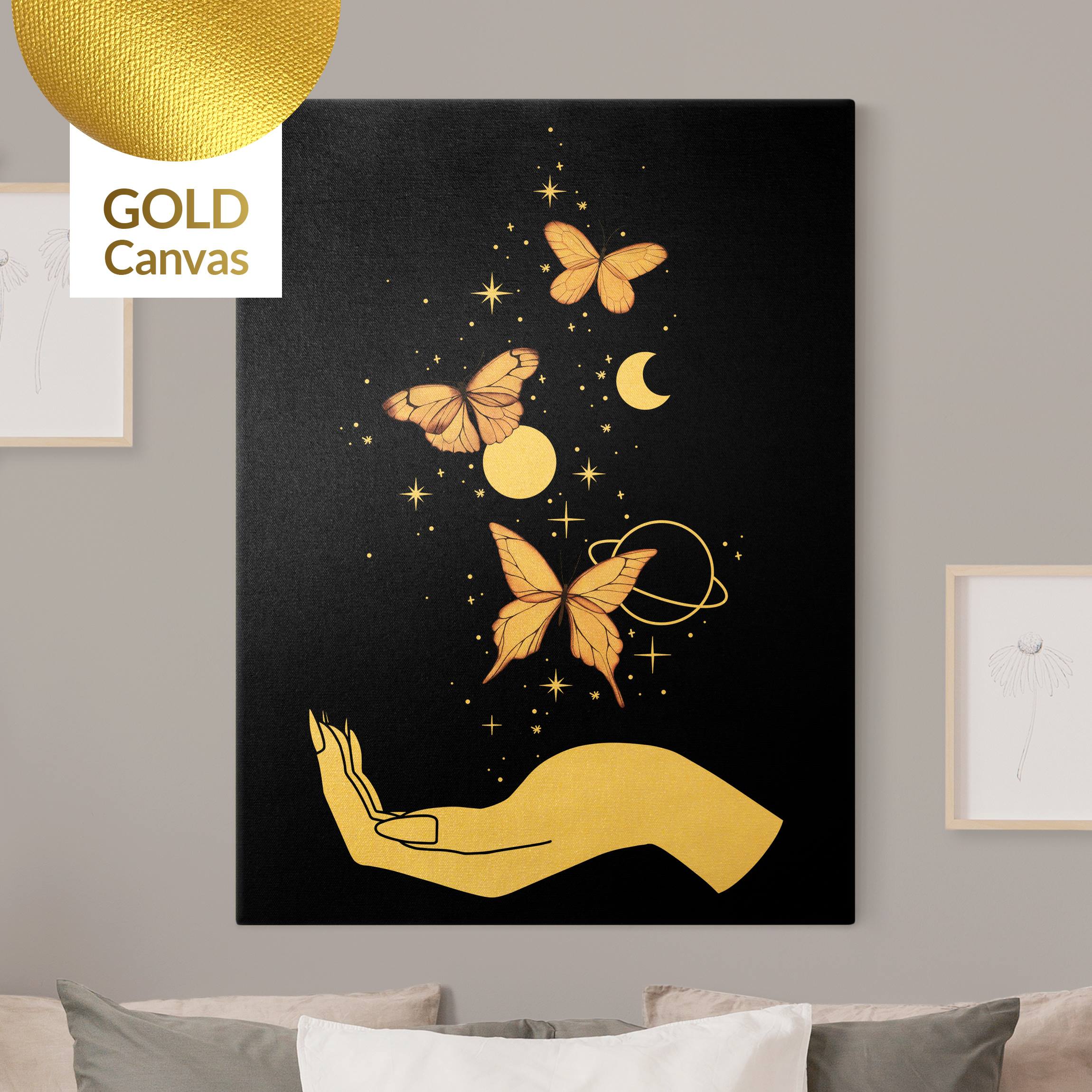 Leinwandbild Gold Zaubernde Hand - Schmetterlinge Rosa