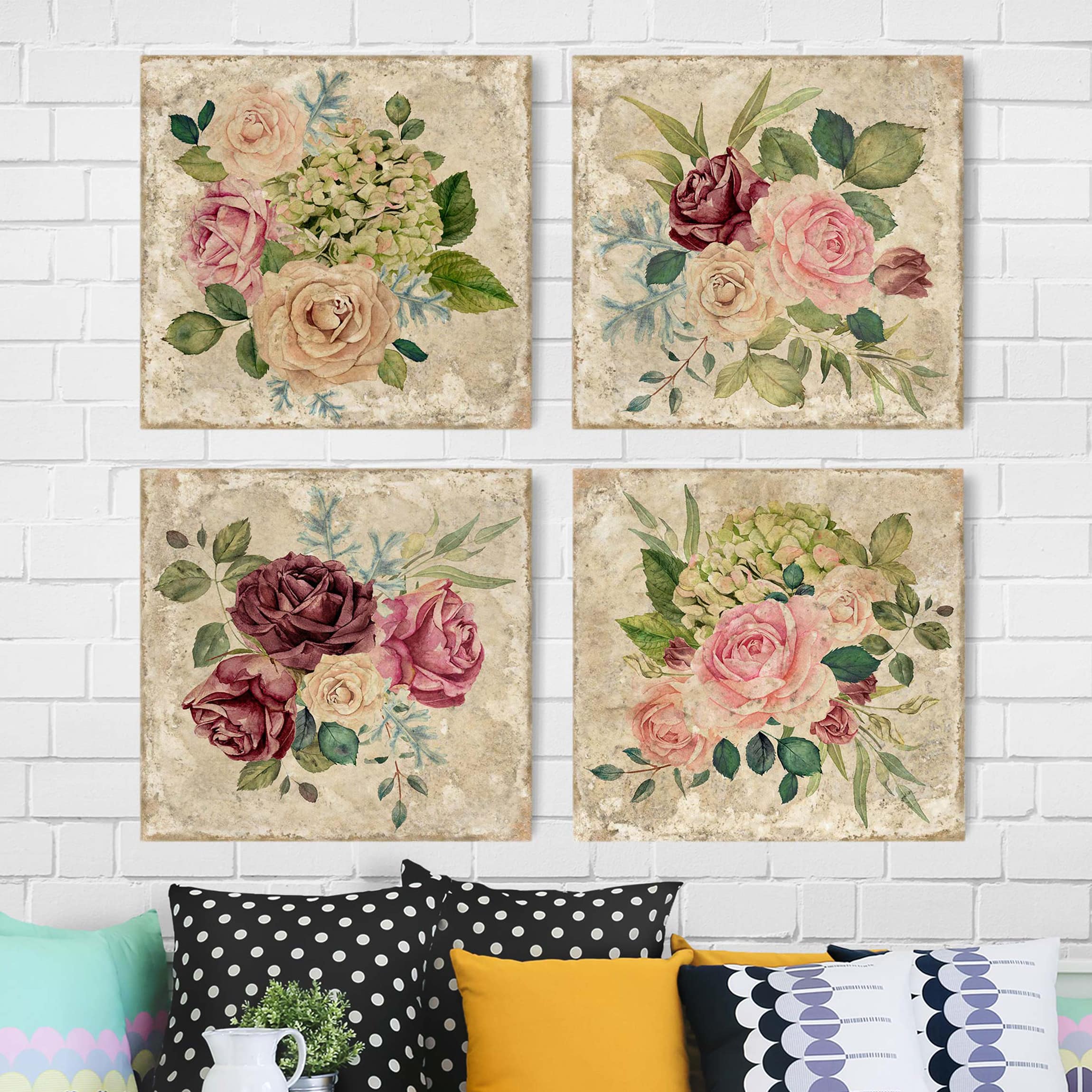 4-teiliges Leinwandbild Blumen Vintage Rosen und Hortensien