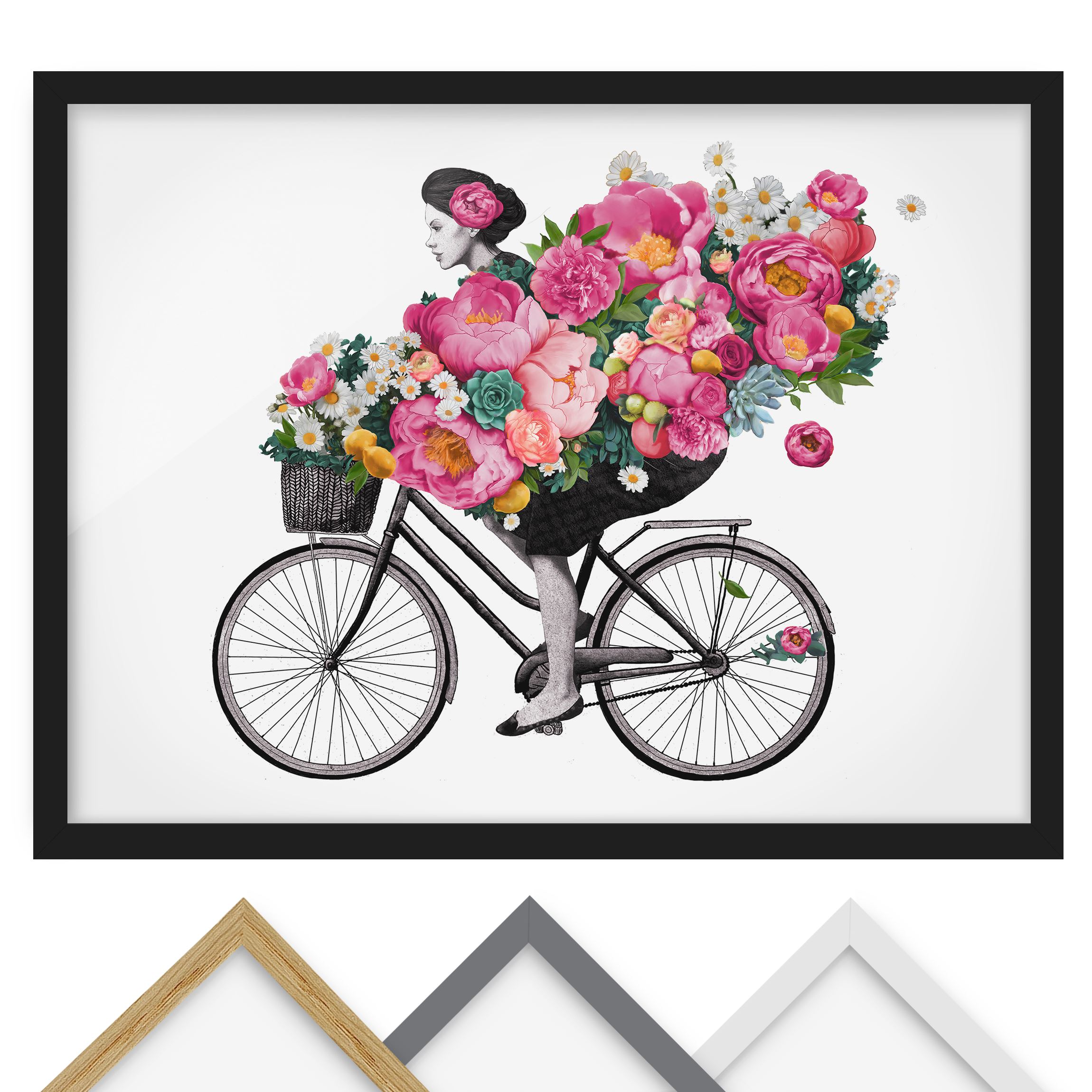 Bild mit Rahmen - Querformat Illustration Frau auf Fahrrad Collage bunte Blumen
