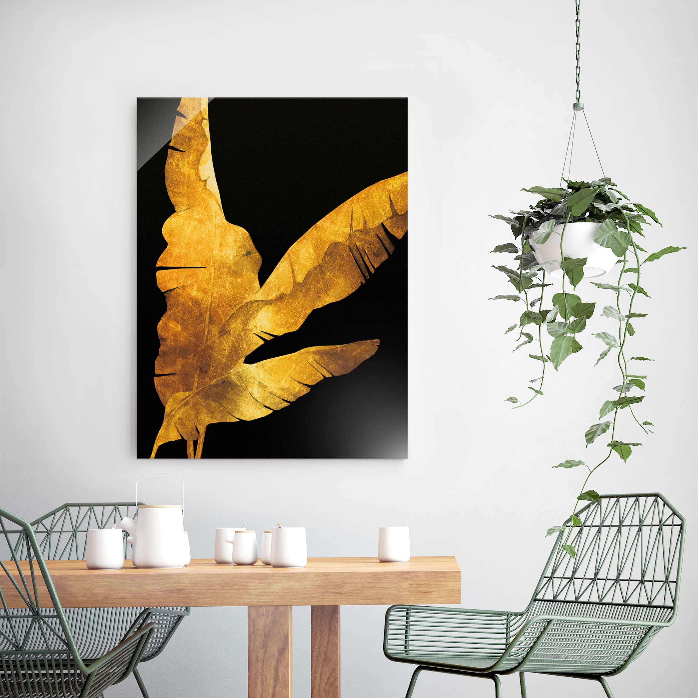 Glasbild Gold - Bananenpalme auf Schwarz