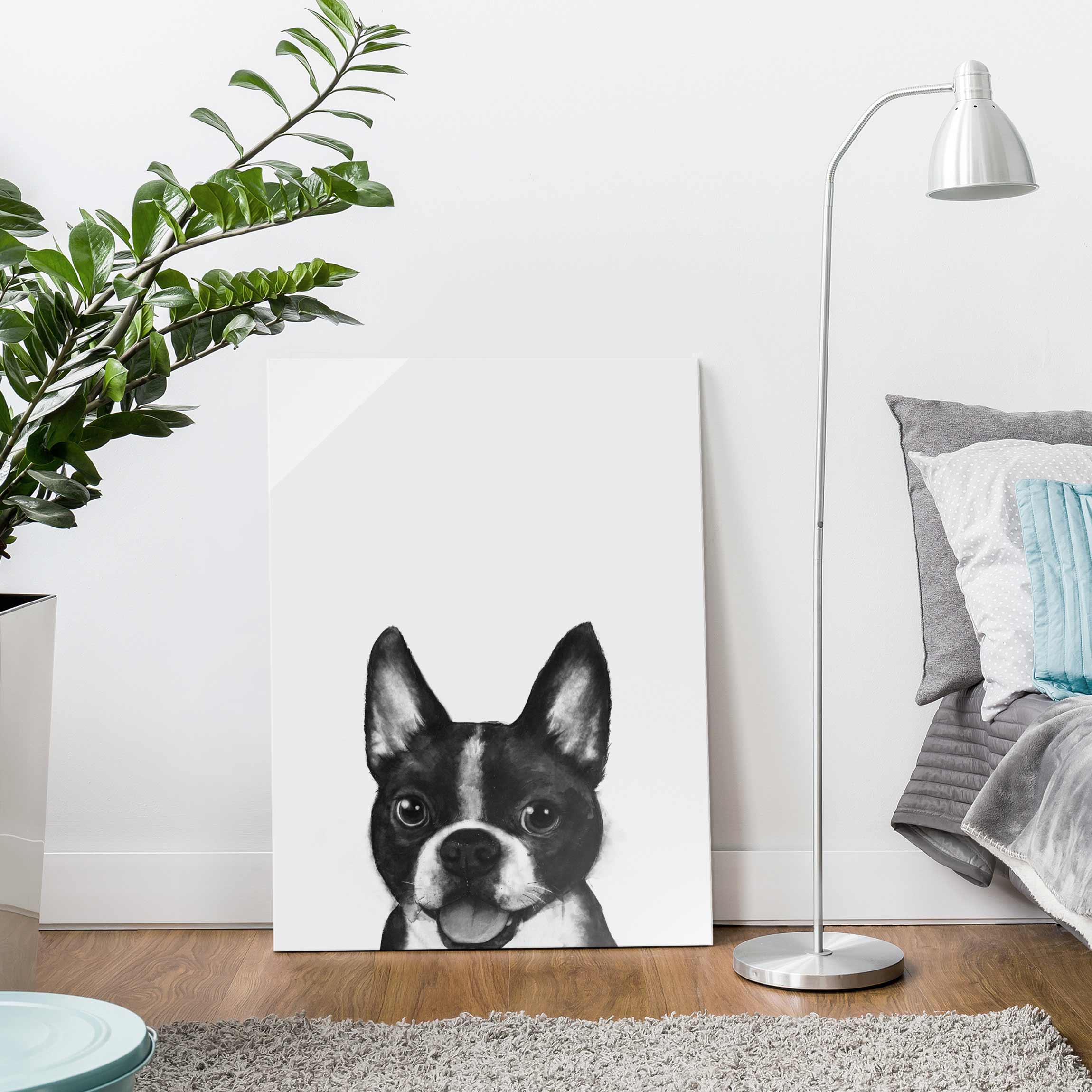 Glasbild - Hochformat Illustration Hund Boston Schwarz Weiß Malerei