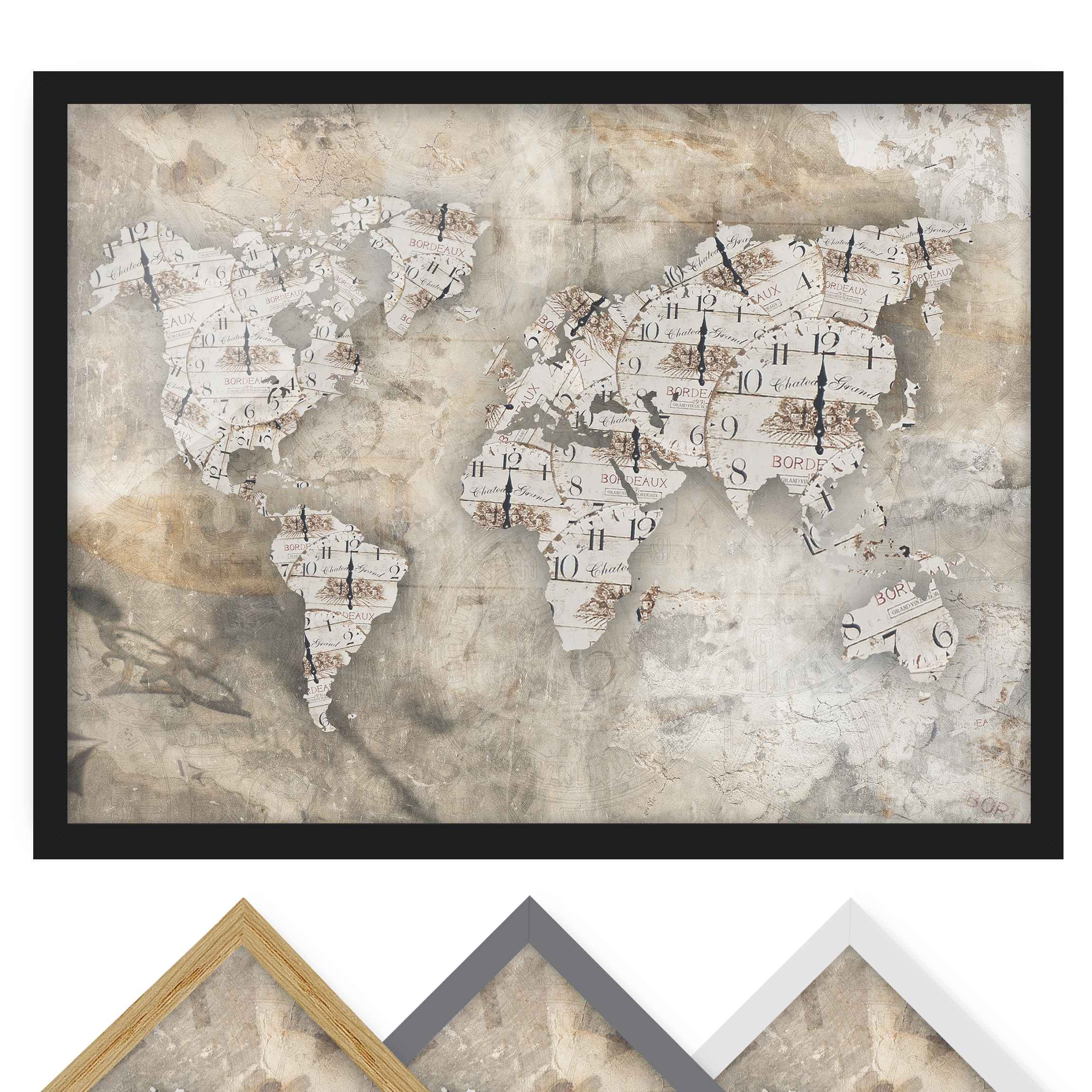 Bild mit Rahmen - Querformat Shabby Uhren Weltkarte