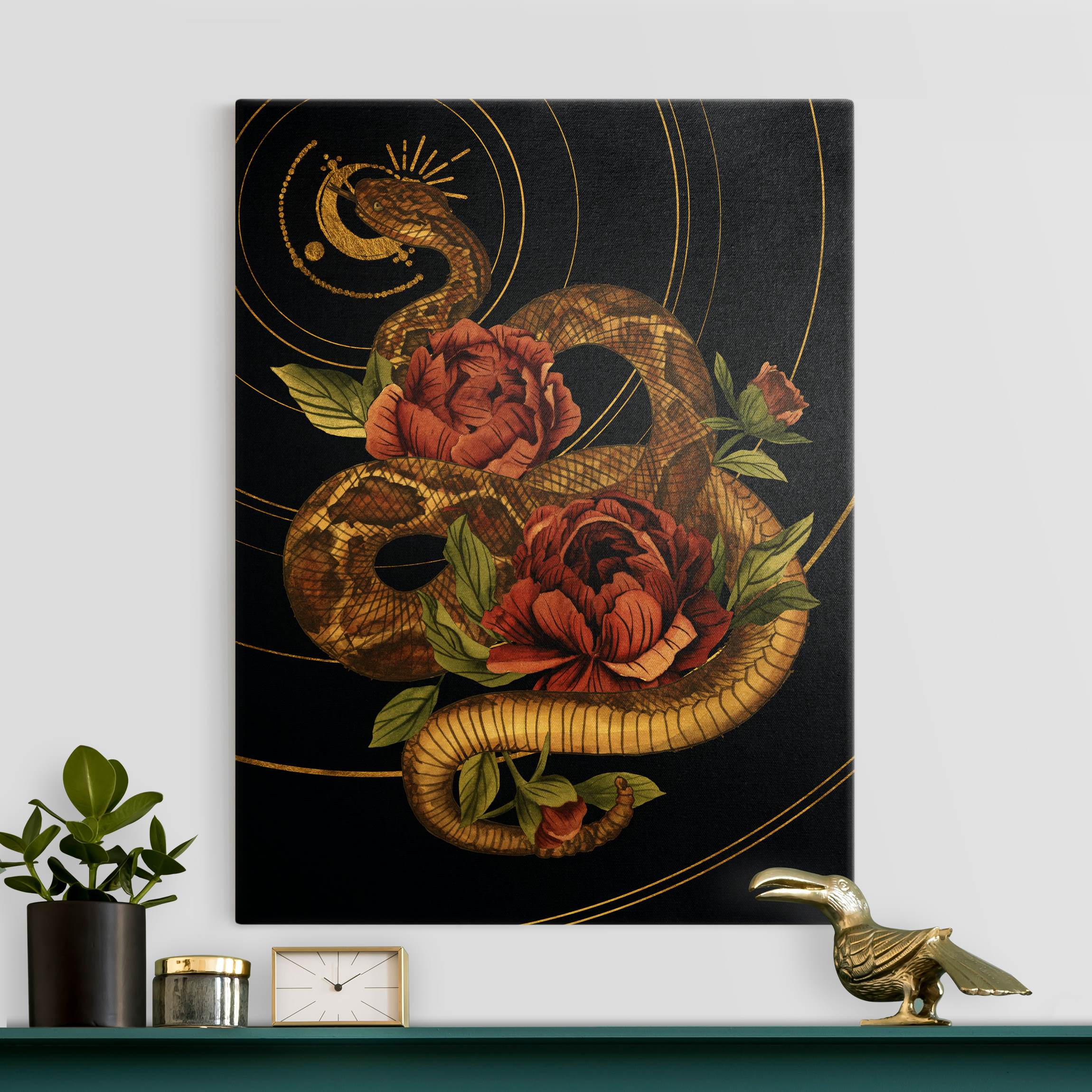 Leinwandbild Gold Schlange mit Rosen Schwarz und Gold I