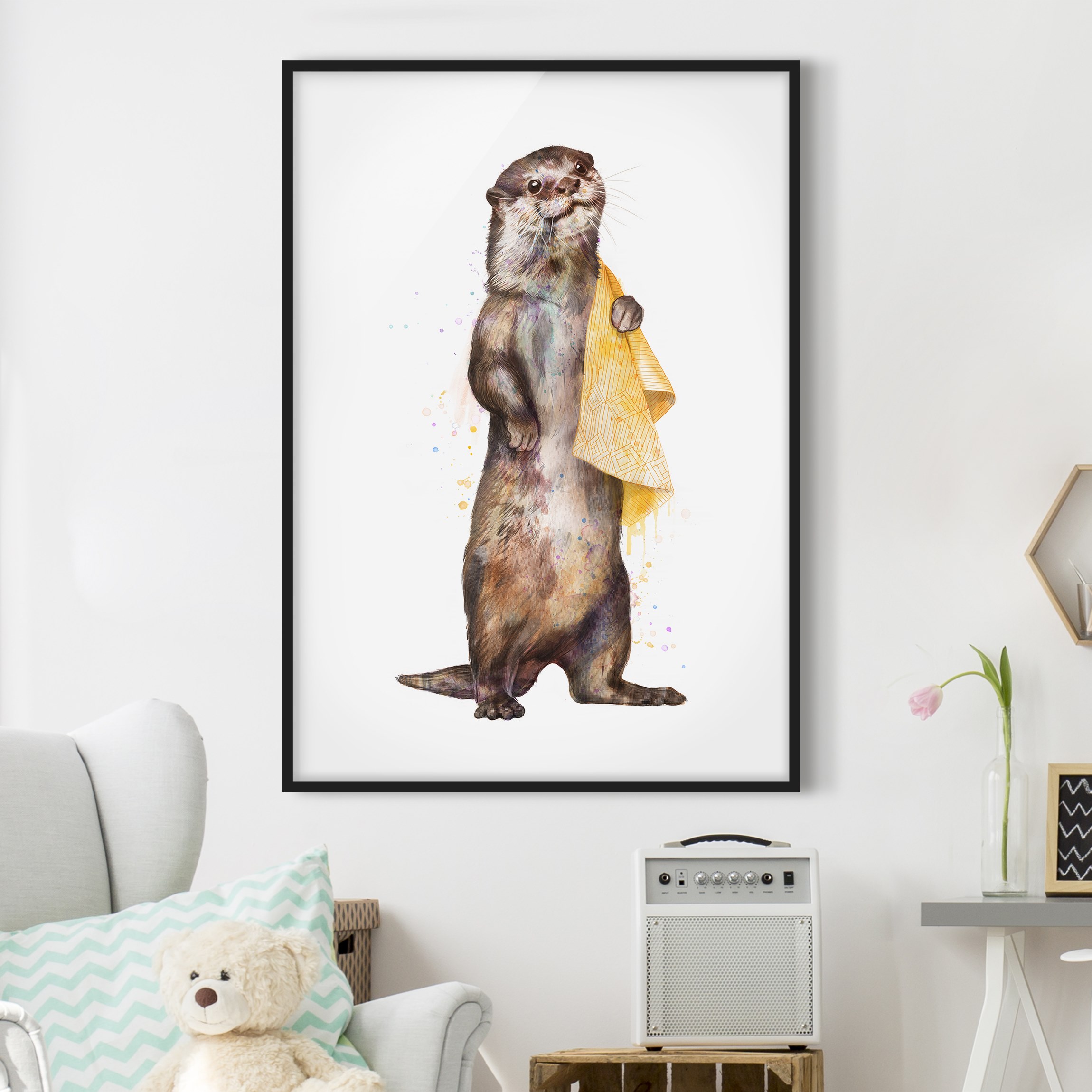 Bild mit Rahmen - Hochformat Illustration Otter mit Handtuch Malerei Weiß