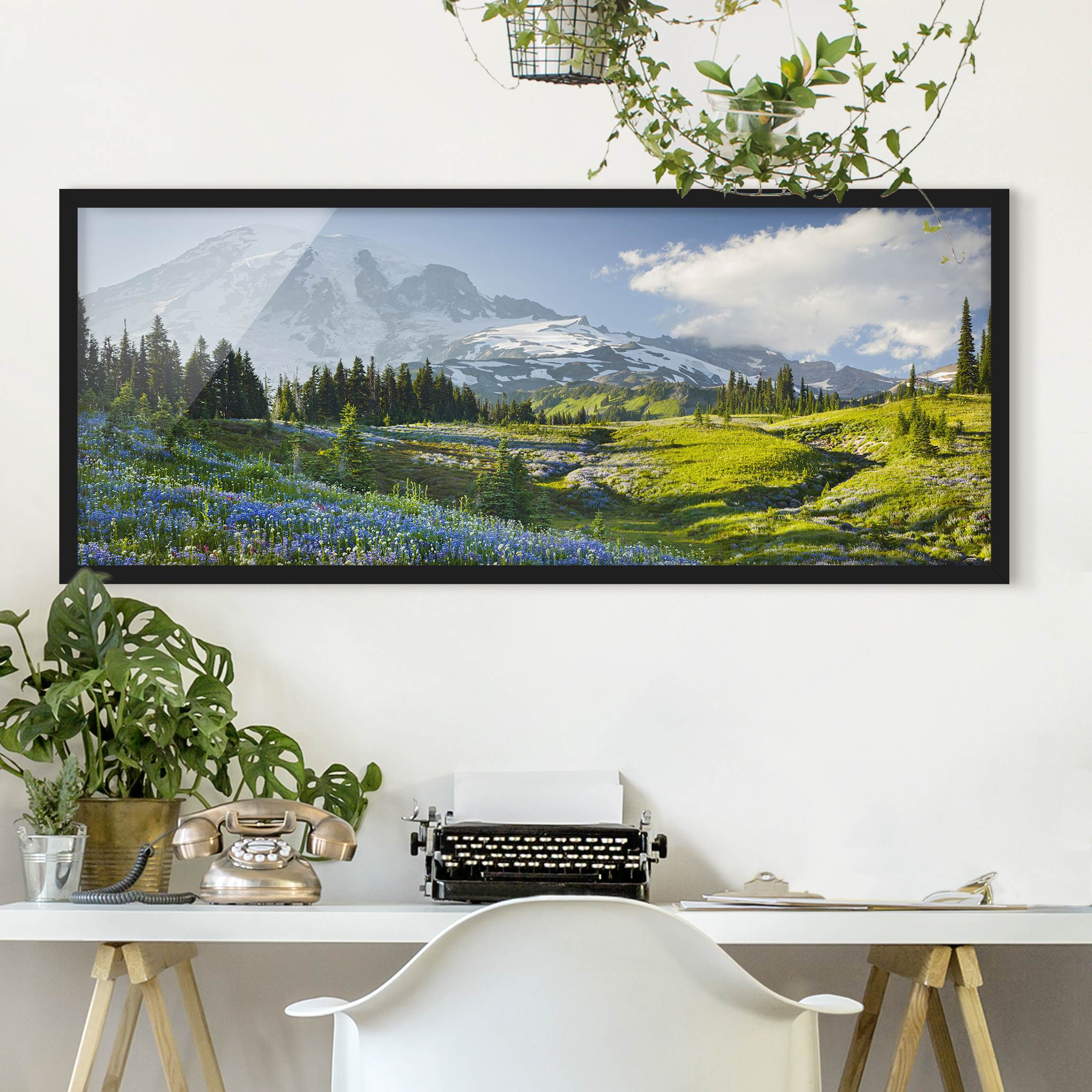 Bild mit Rahmen - Panorama Bergwiese mit blauen Blumen vor Mt. Rainier
