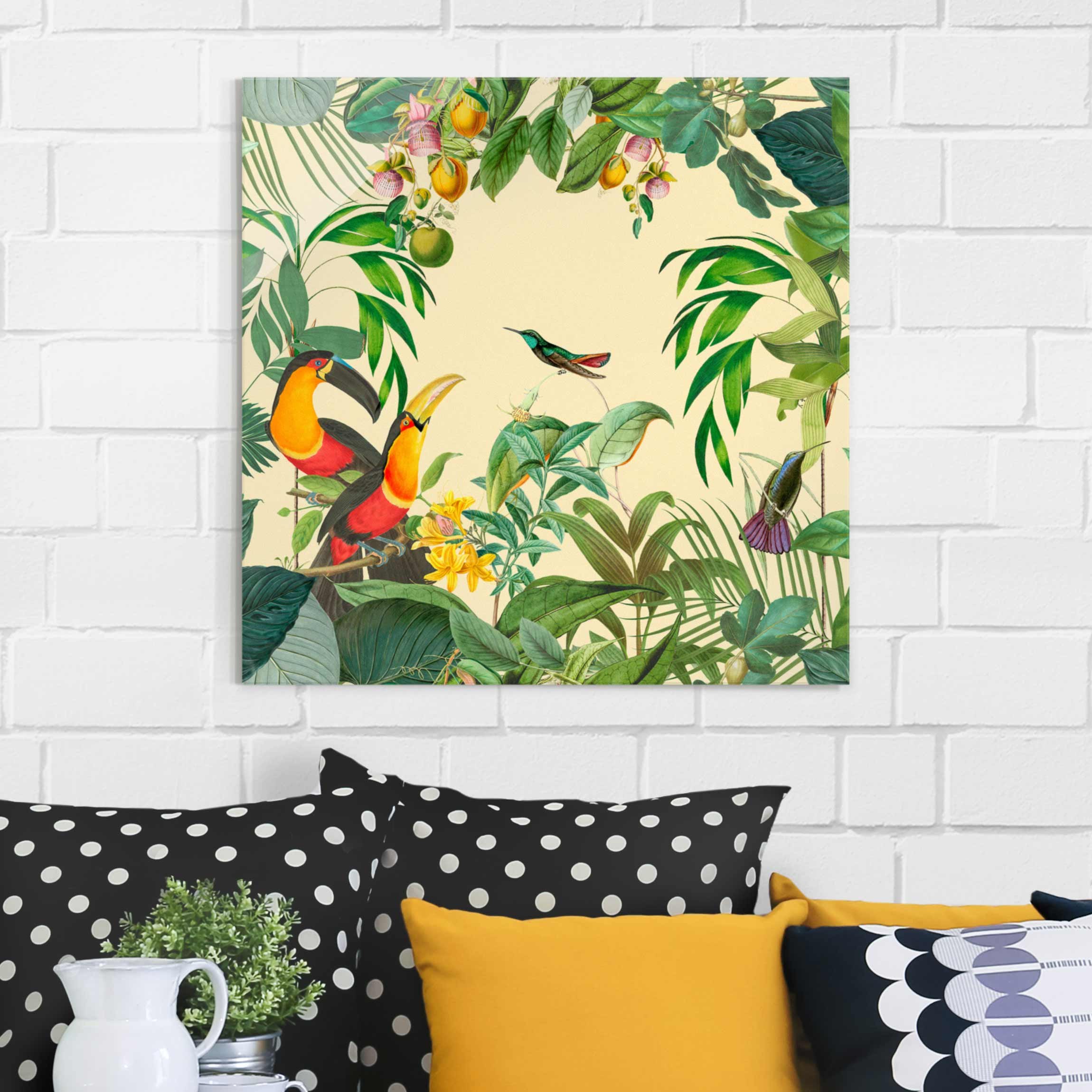 Glasbild Vintage Collage - Vögel im Dschungel