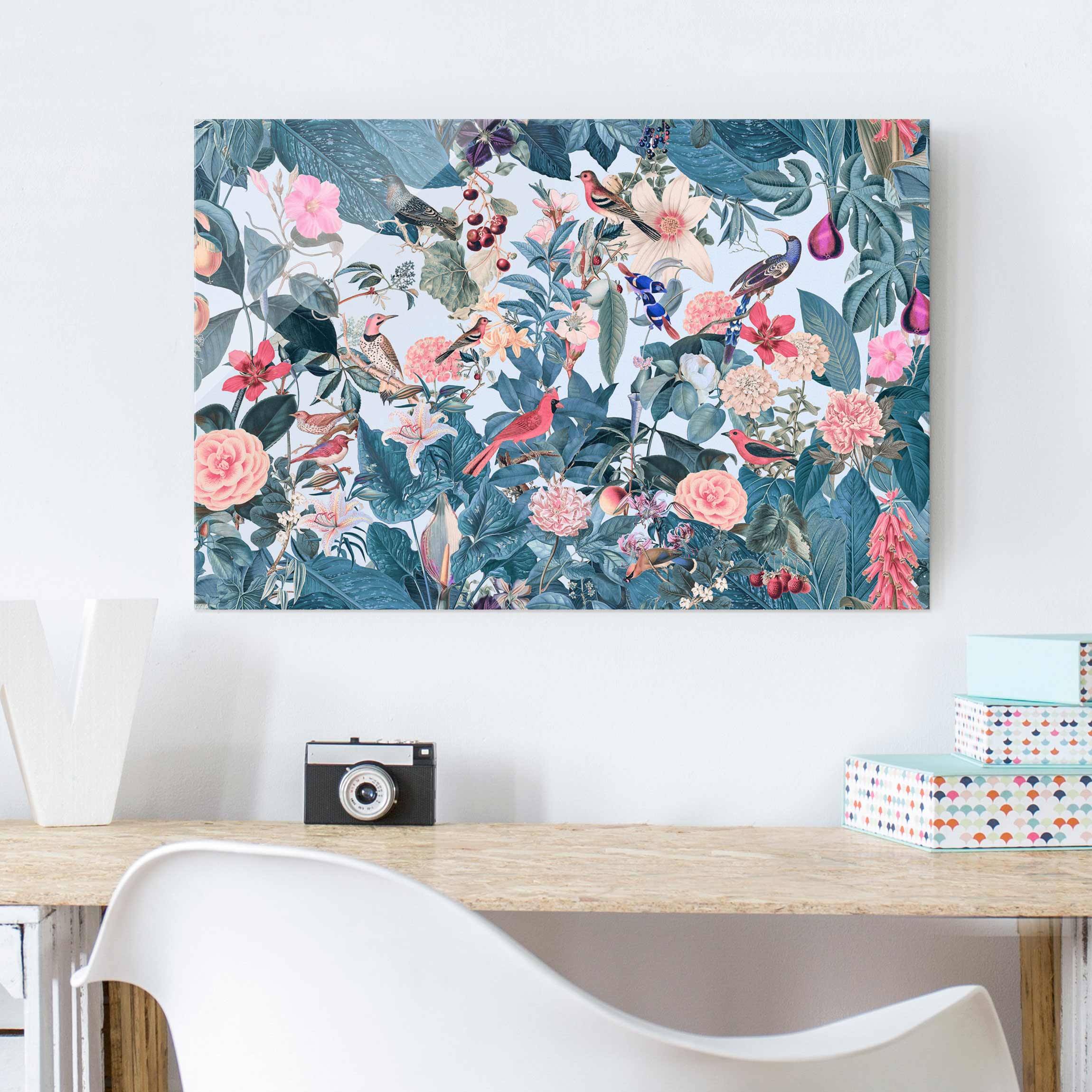 Glasbild Vintage Collage - Vogelgarten