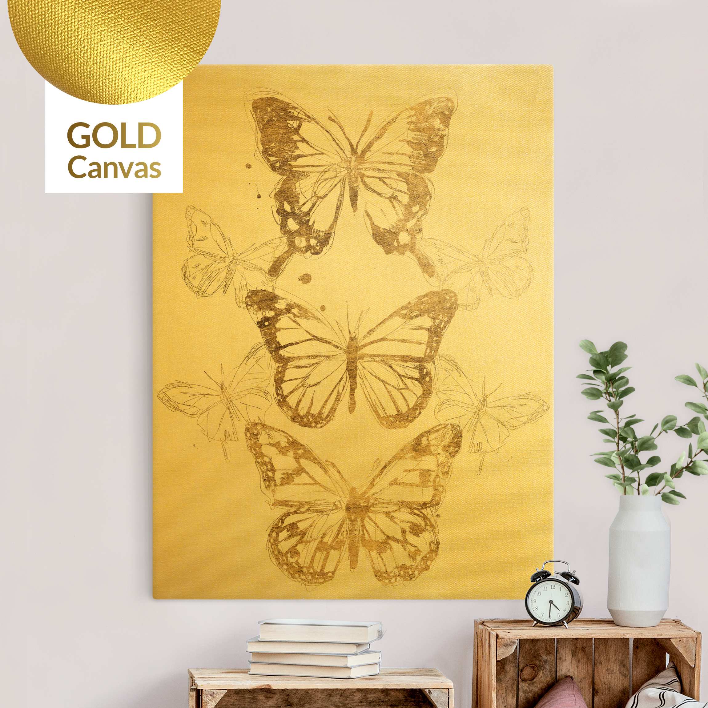 Leinwandbild Gold Schmetterlingskomposition in Gold I