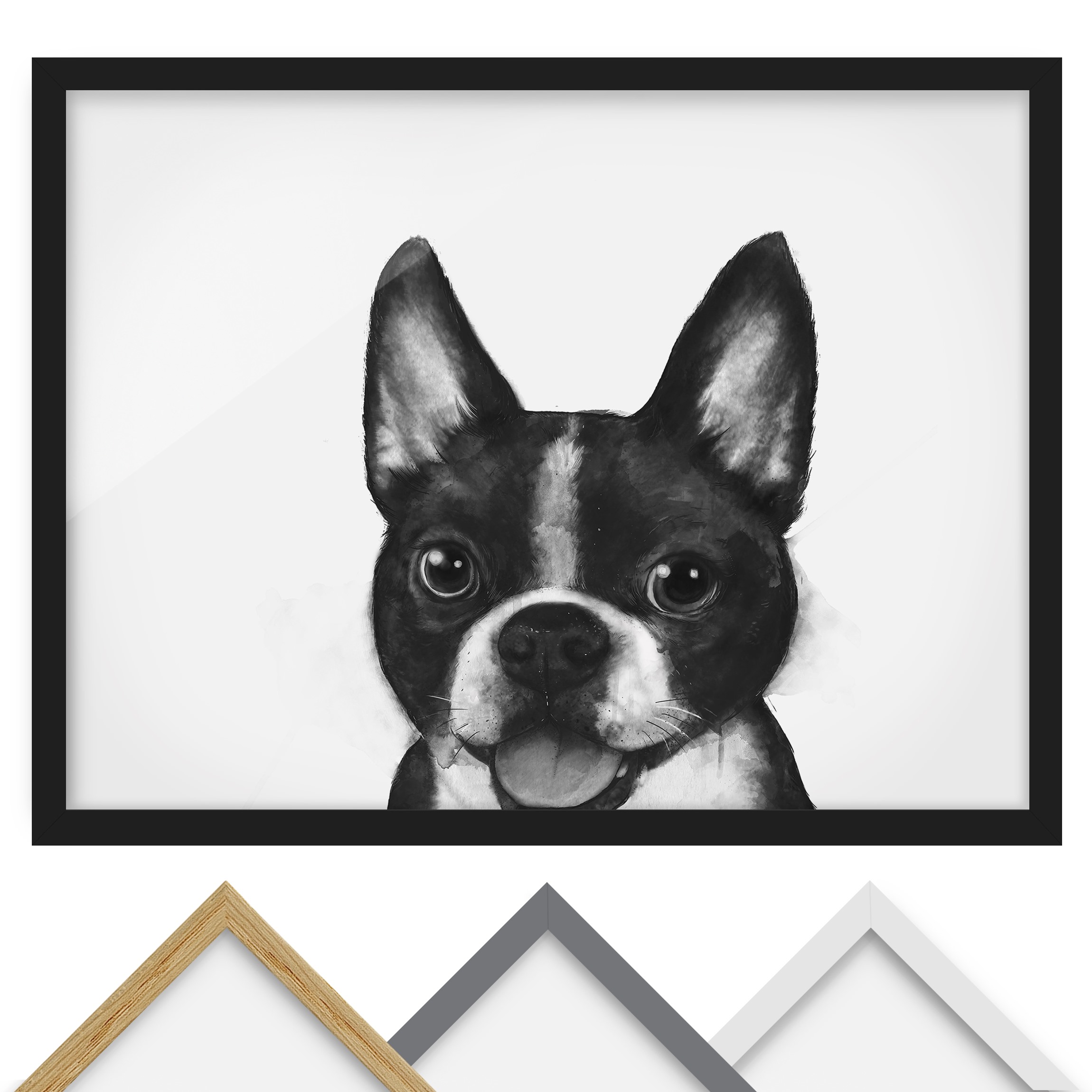 Bild mit Rahmen - Querformat Illustration Hund Boston Schwarz Weiß Malerei