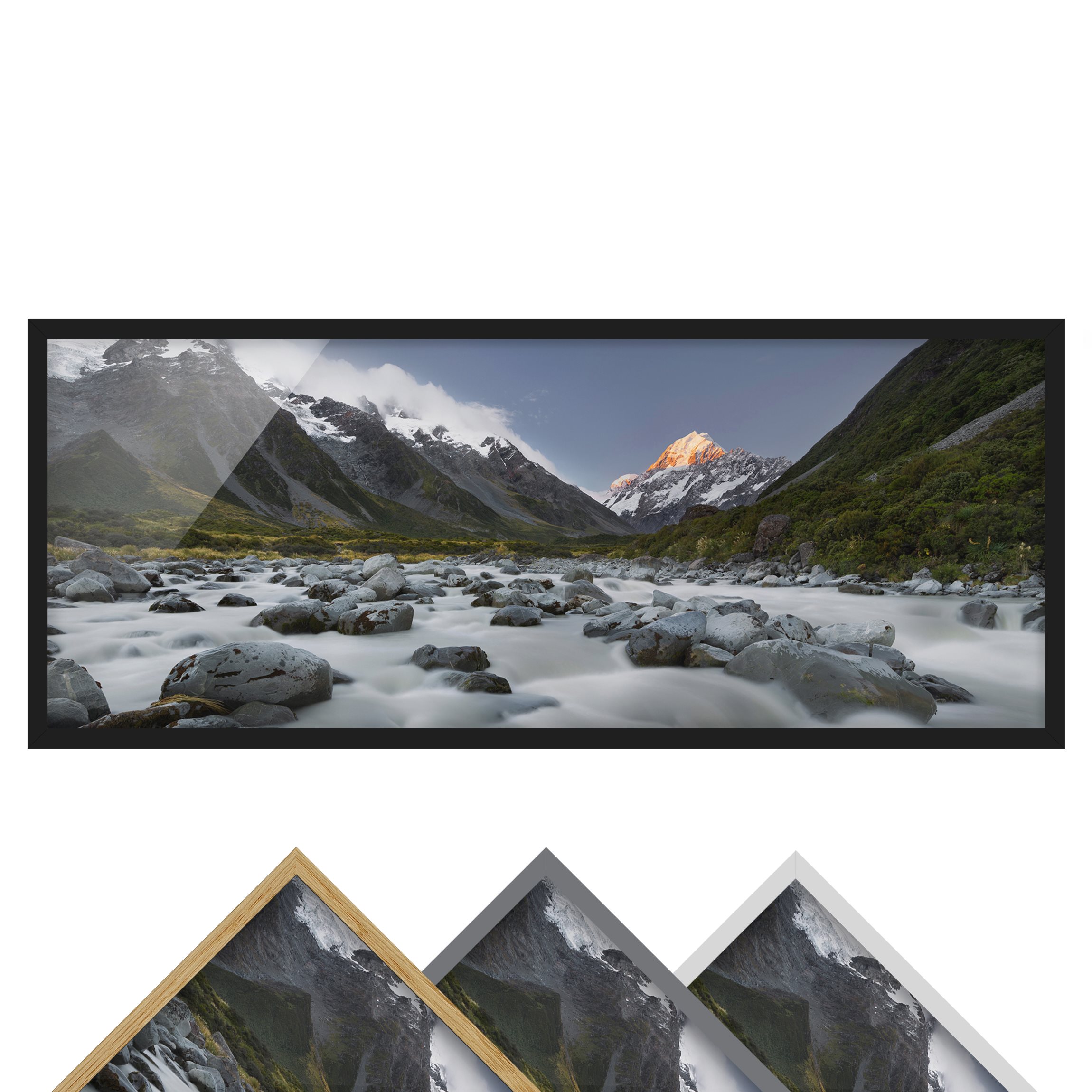 Bild mit Rahmen - Panorama Aoraki über dem Hooker River