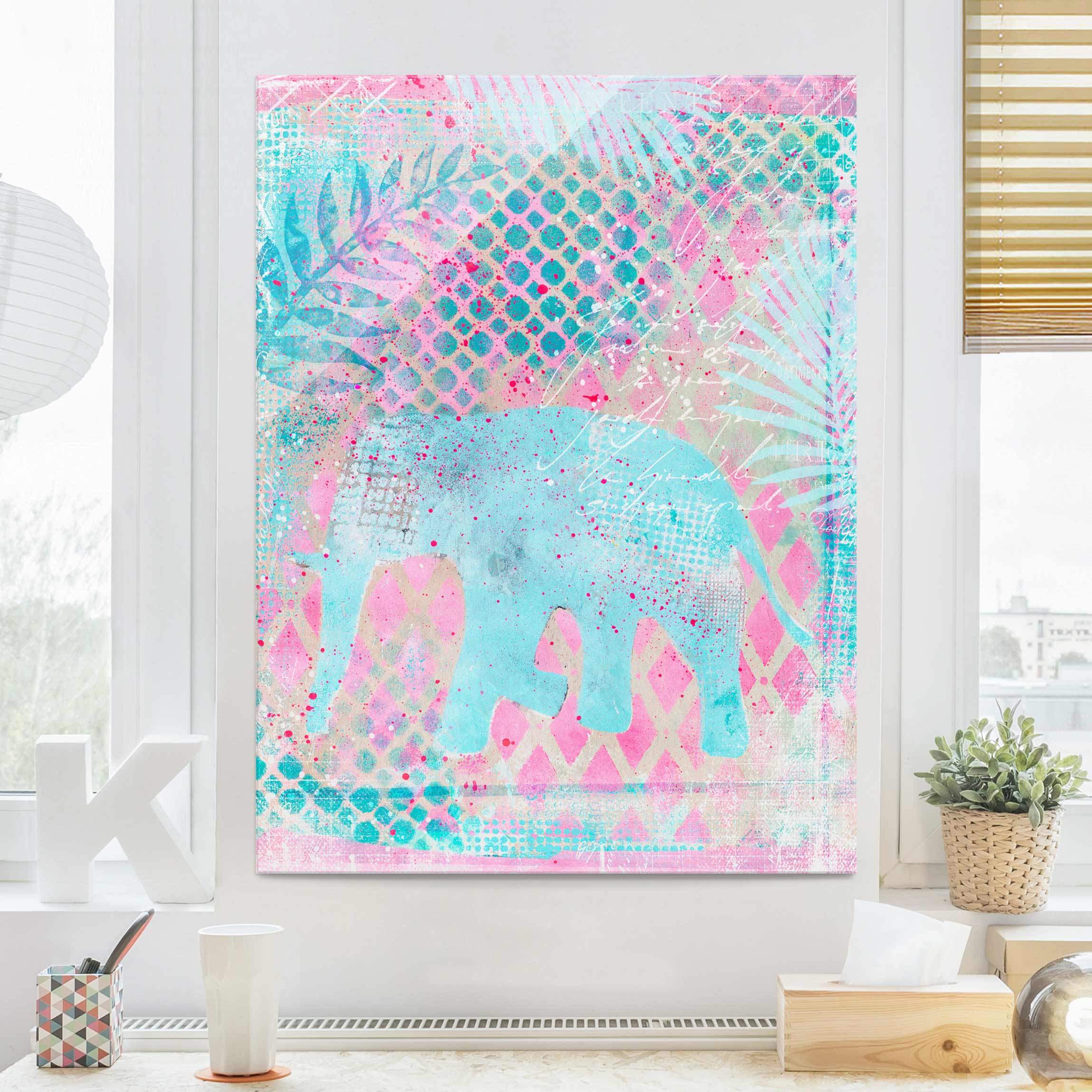Glasbild Bunte Collage - Elefant in Blau und Rosa