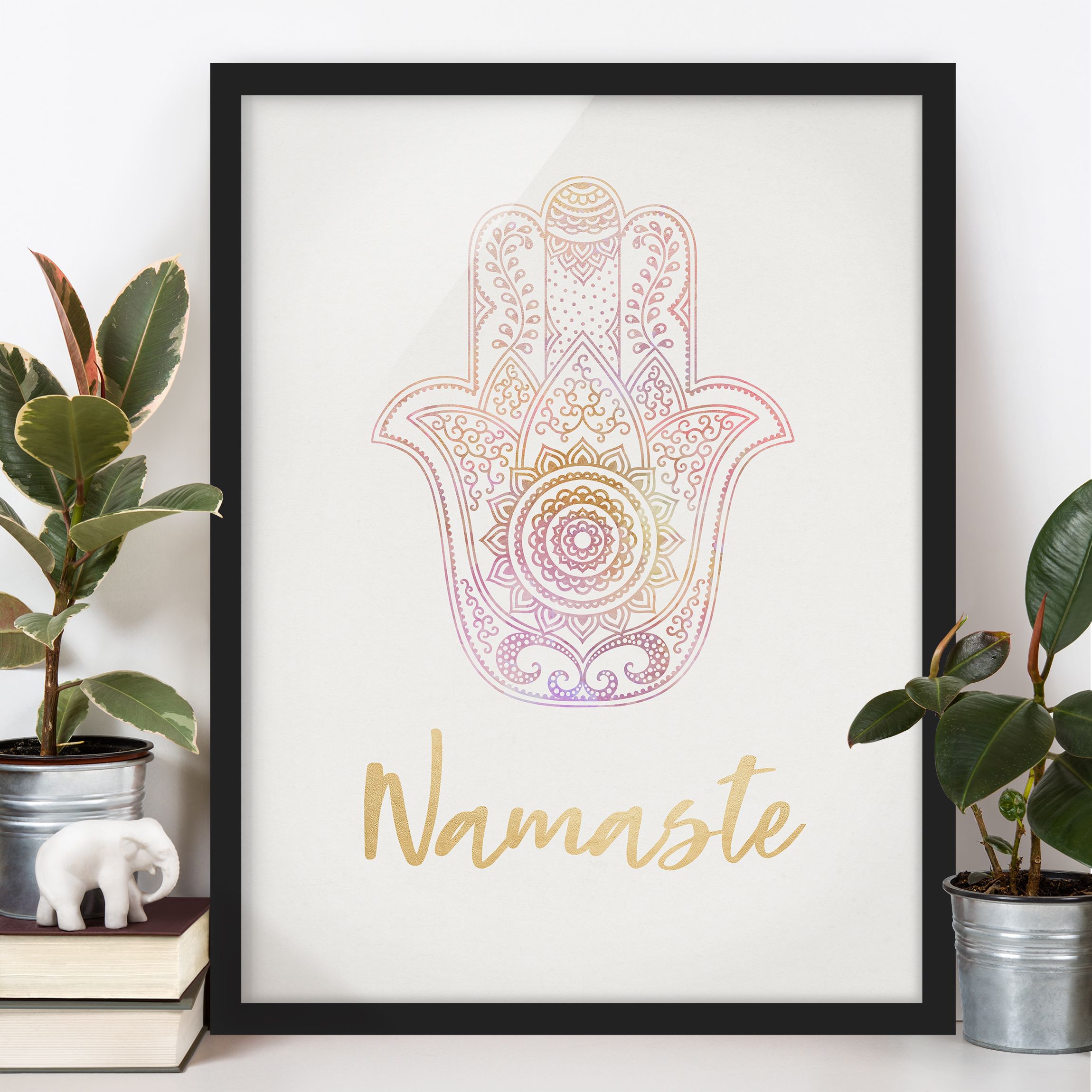 Bild mit Rahmen Hamsa Hand Illustration Namaste gold rosa