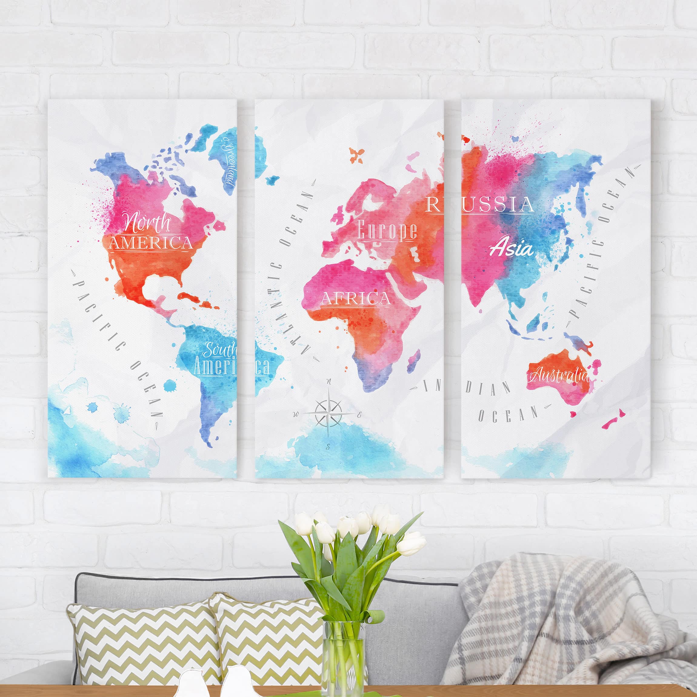 3-teiliges Leinwandbild Aquarell Weltkarte Aquarell rot blau