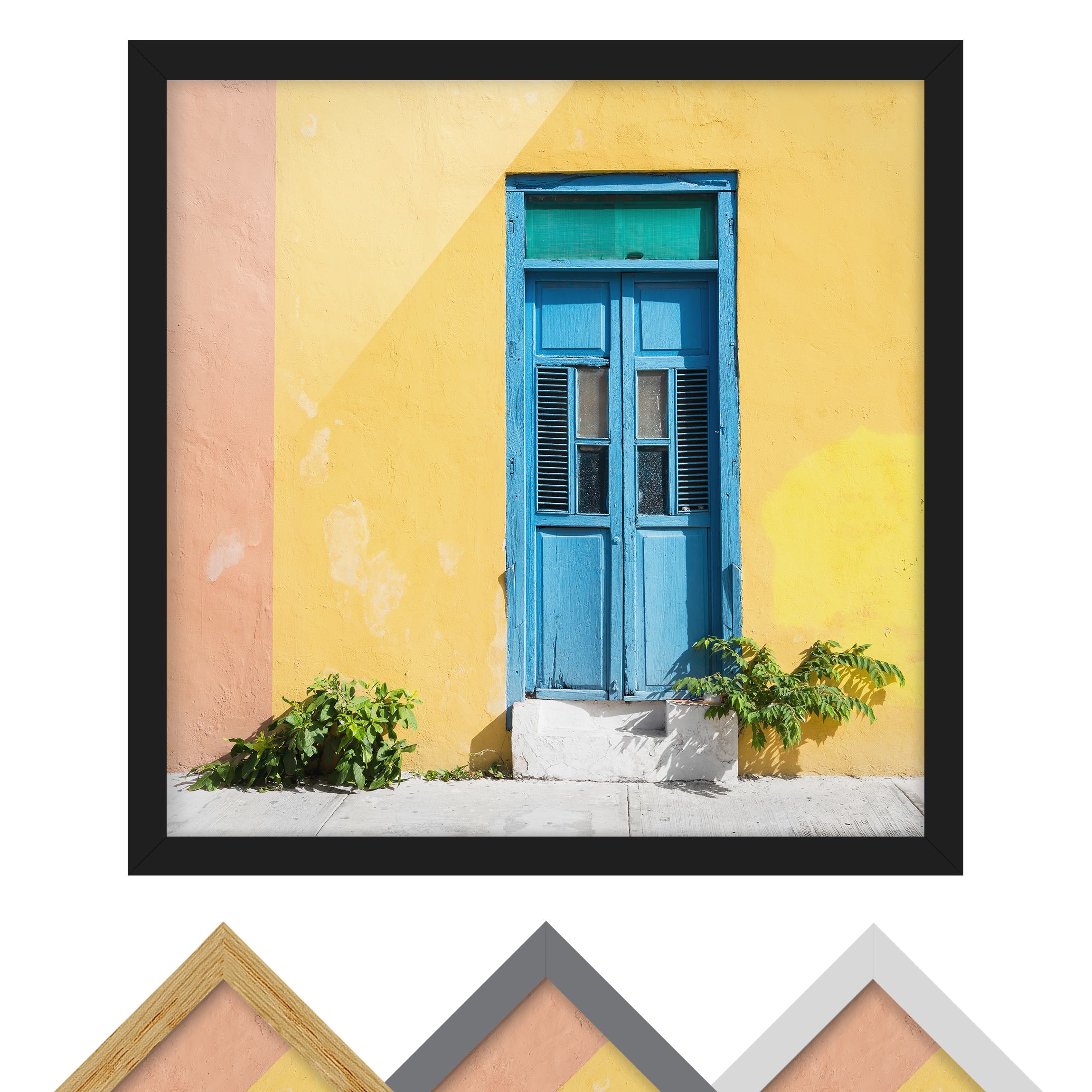 Bild mit Rahmen - Quadrat Bunte Wand blaue Tür