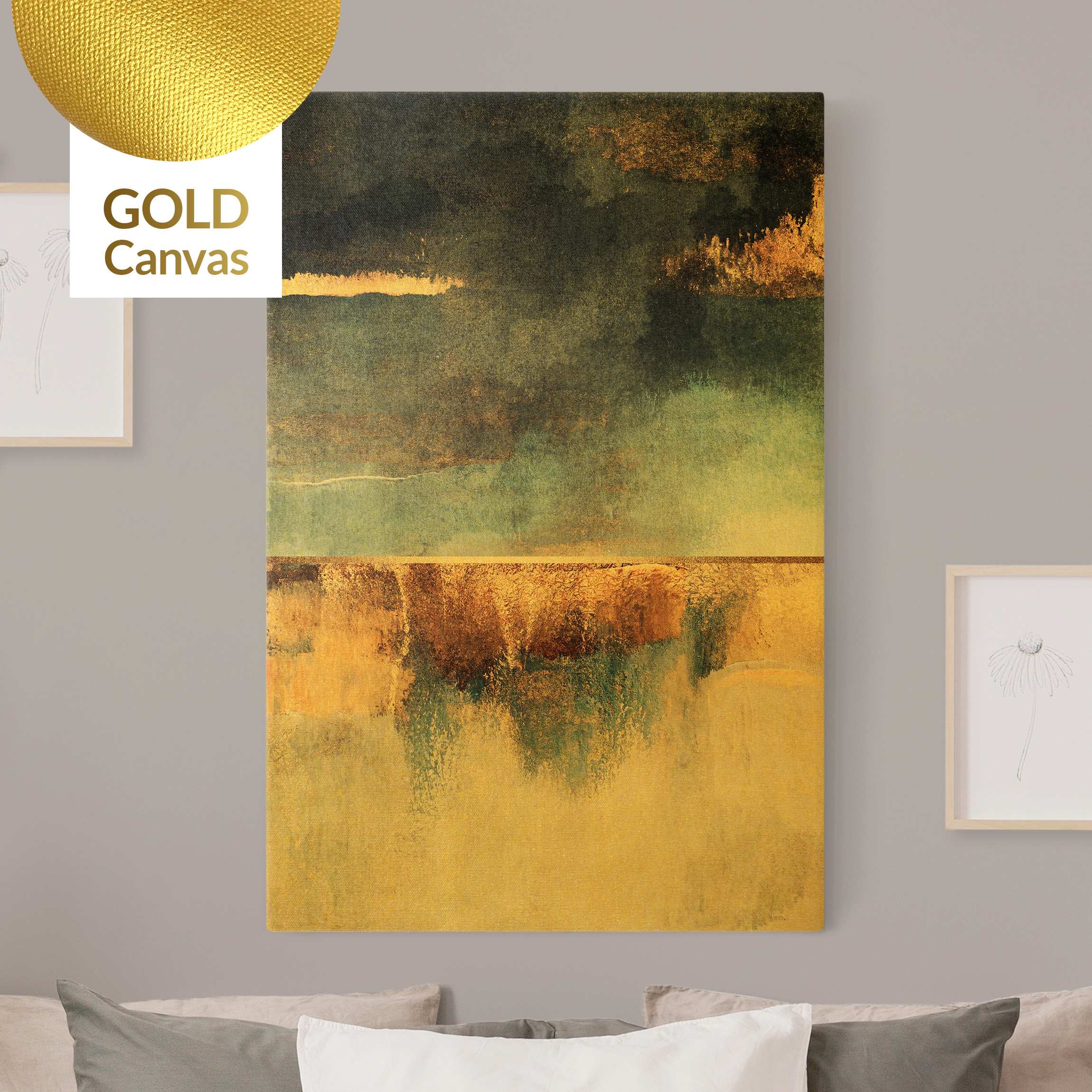 Leinwandbild Gold Abstraktes Seeufer in Gold