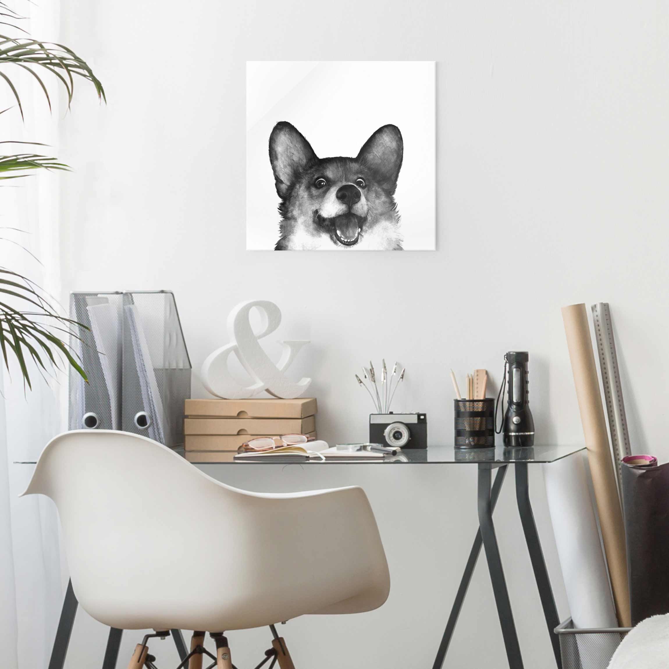 Glasbild - Quadrat Illustration Hund Corgi Weiß Schwarz Malerei
