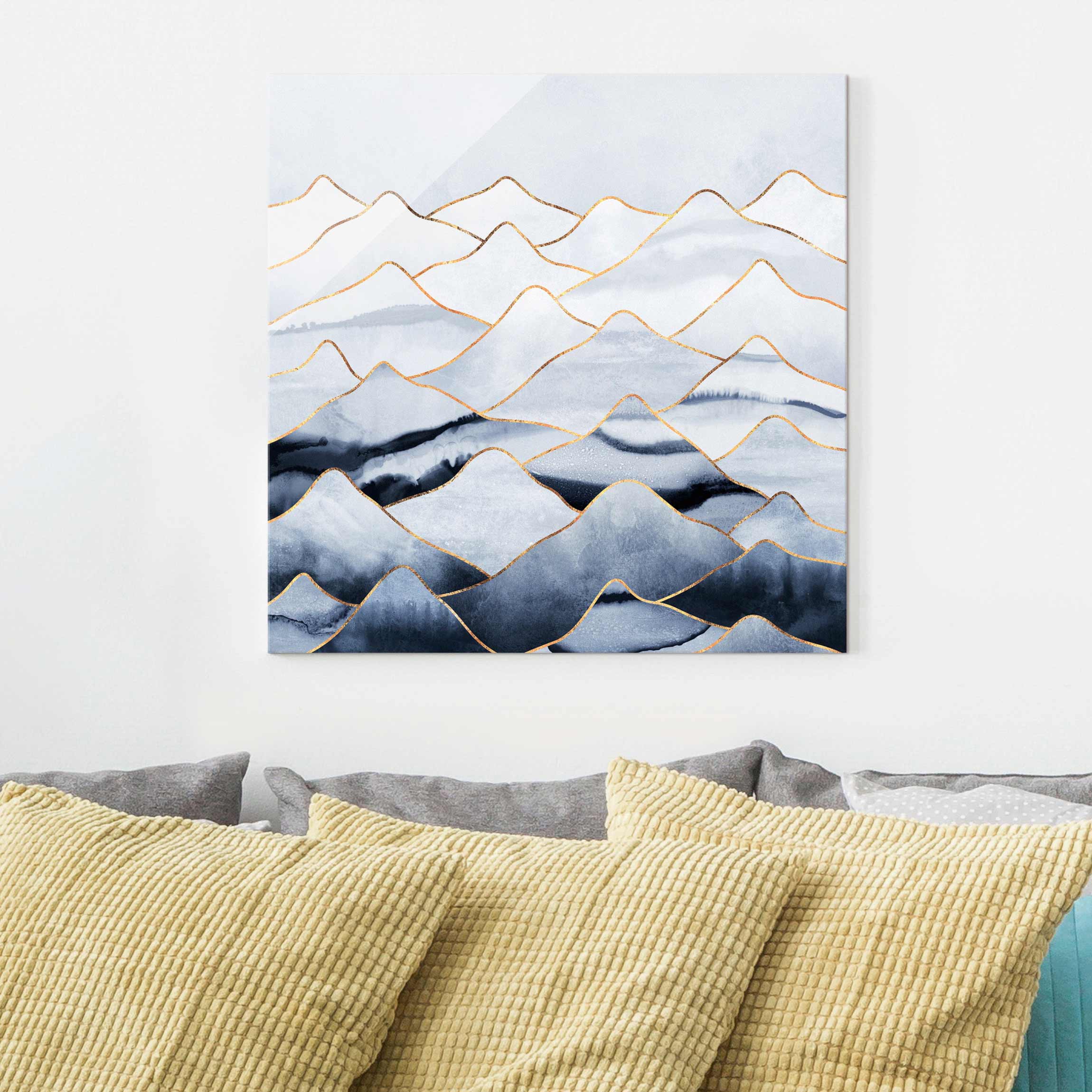 Glasbild - Quadrat Aquarell Berge Weiß Gold