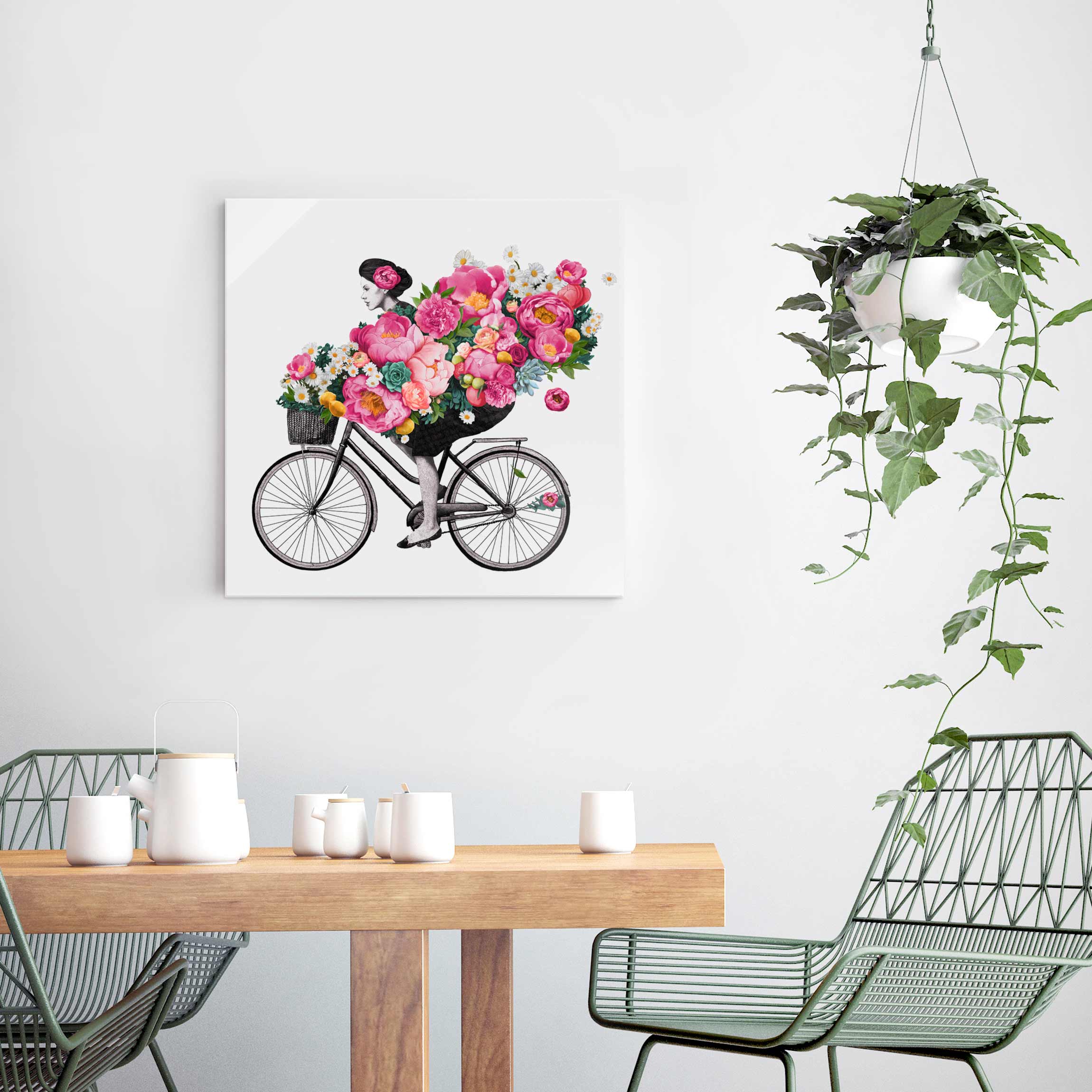 Glasbild - Quadrat Illustration Frau auf Fahrrad Collage bunte Blumen