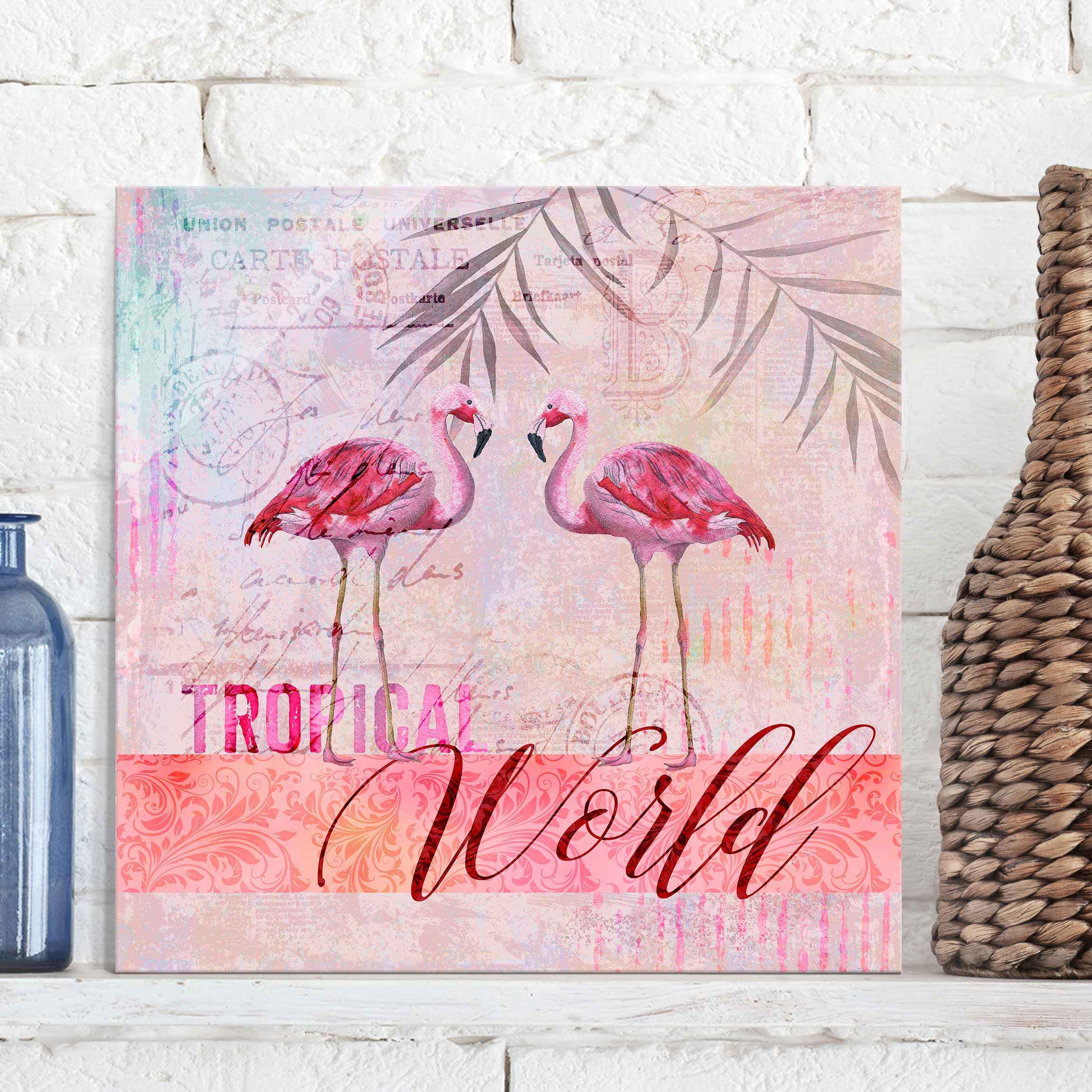 Glasbild Vintage Collage - Tropical World Flamingos