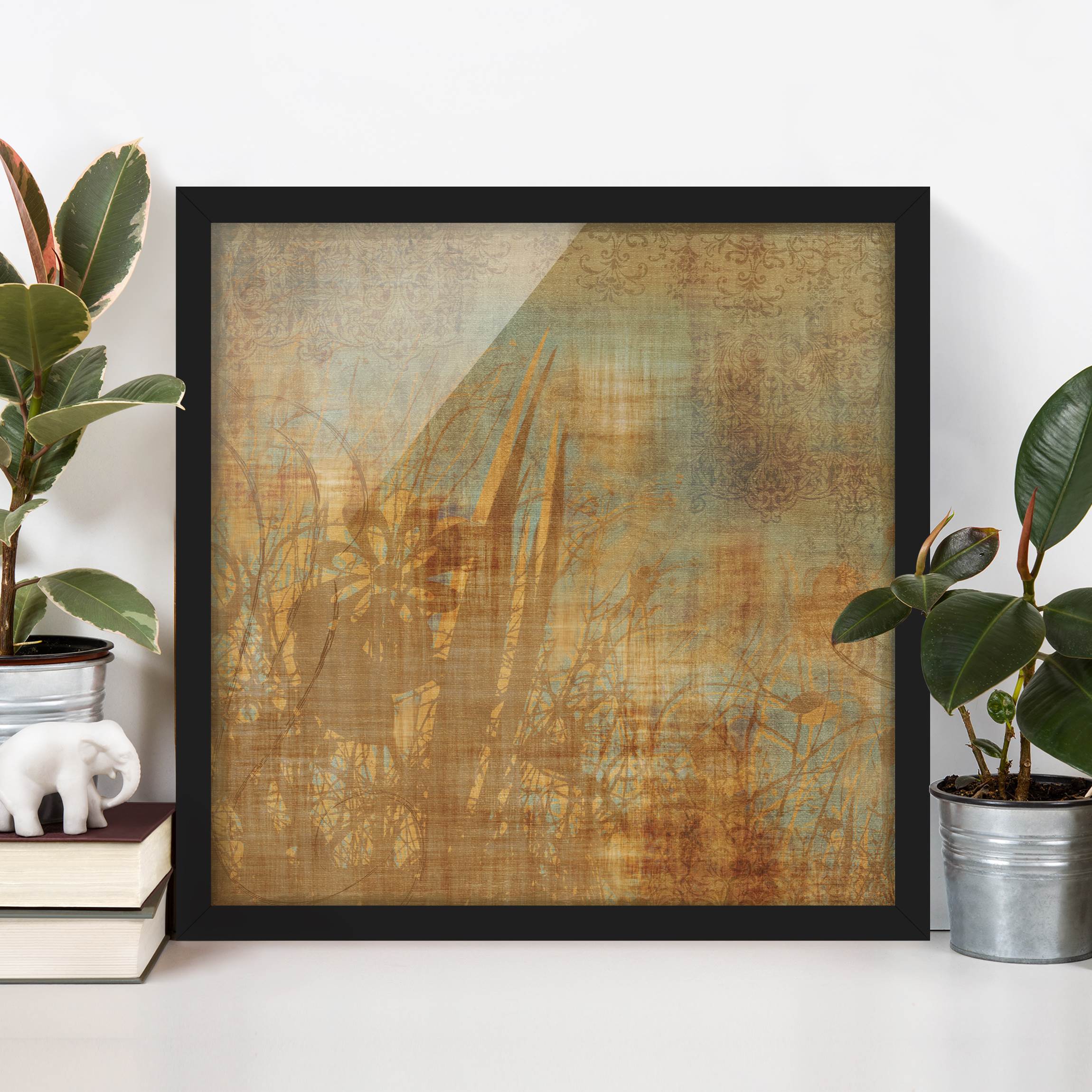 Bild mit Rahmen - Quadrat Blumen unter Ornamentstruktur
